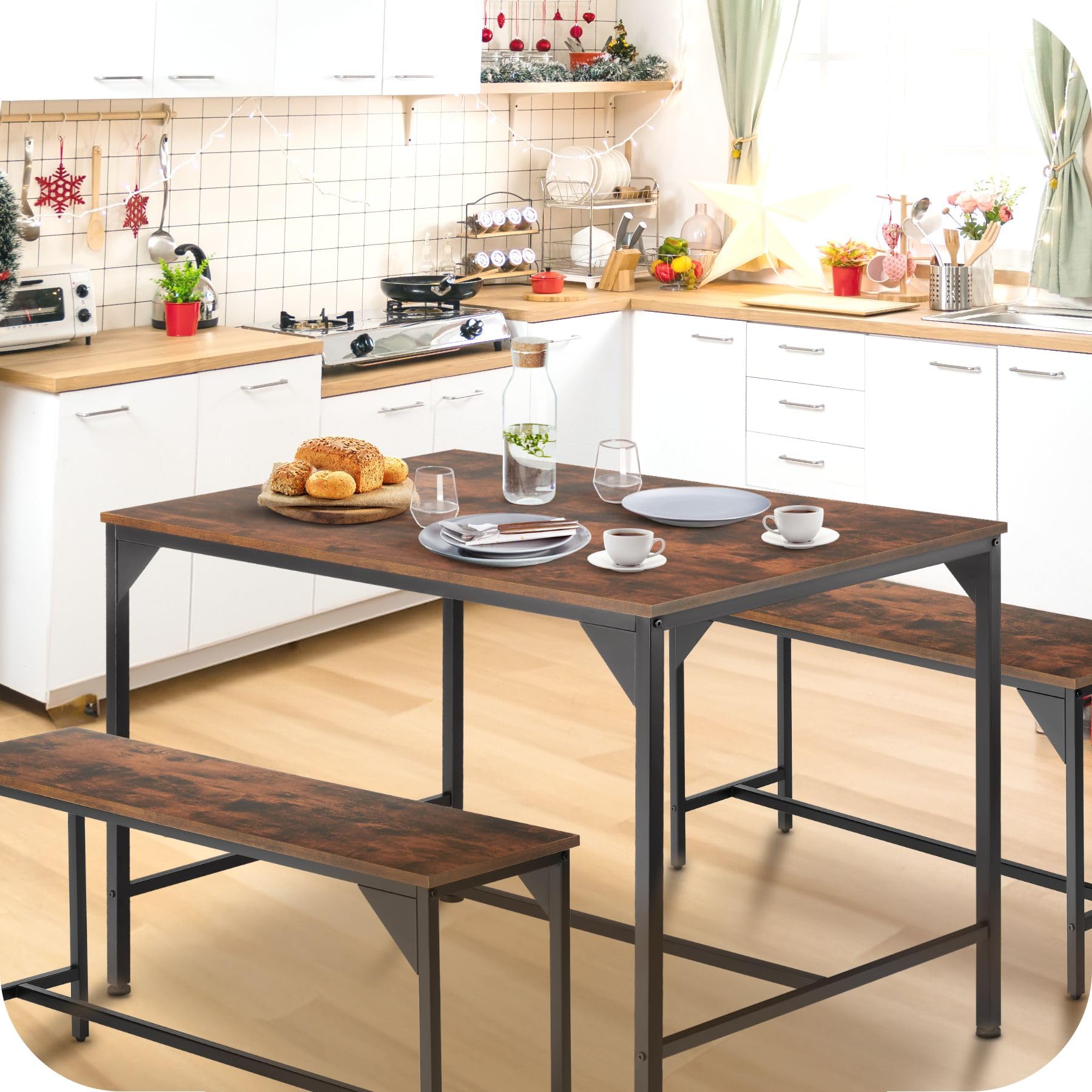tectake® Salottino Bolton, Set da Pranzo Industriale, 1 Tavolo 2 Panche, Facile da Pulire, Regolabile, Robusto Telaio in Acciaio, Effetto Legno, Salotto - Legno industriale scuro, rustico