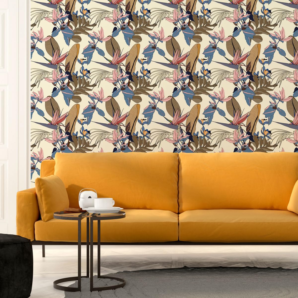 Ambiance Sticker Carta da parati in tessuto non tessuto pre-incollato, rotolo da carta da parati tropicale, giallo, foglie di banano e fiori di paradiso, adesivo decorativo, 1 rotolo di altezza 300 x
