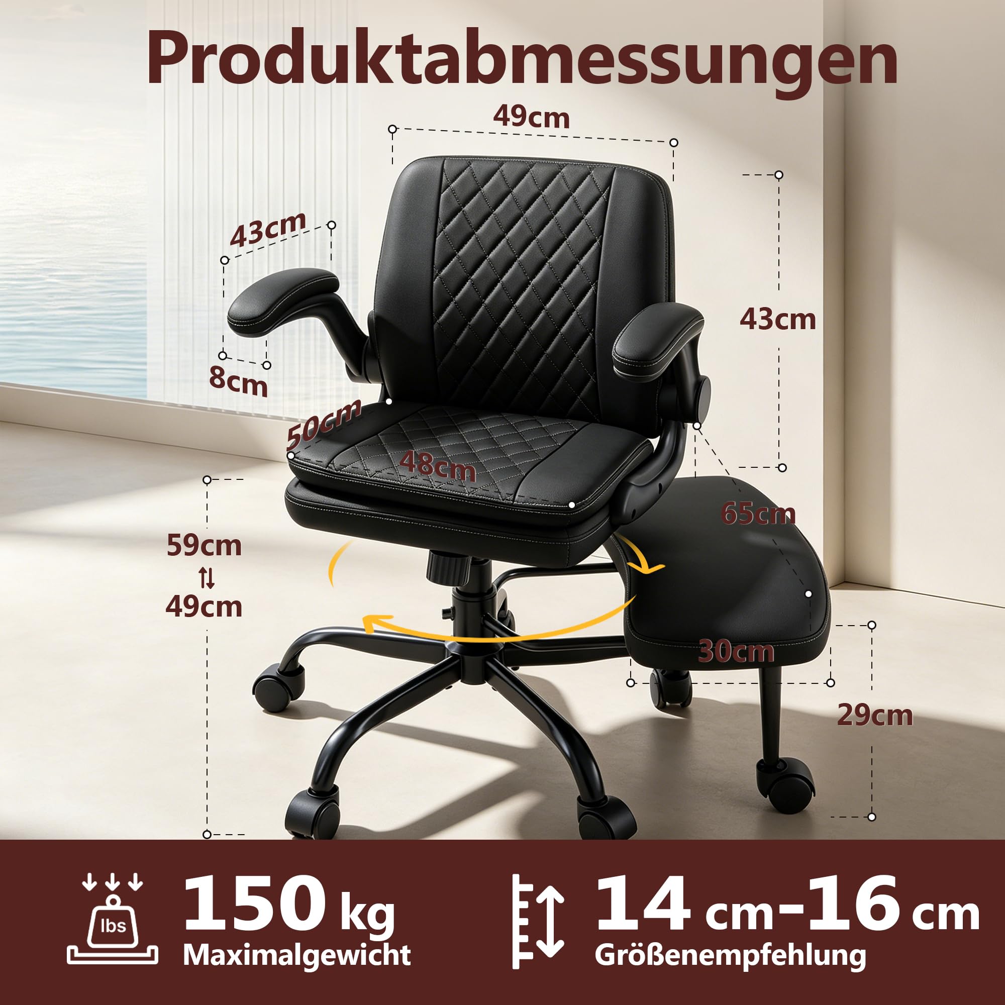 Ergonomischer Kniestuhl mit Rädern, klappbaren Armlehnen, Schwarz