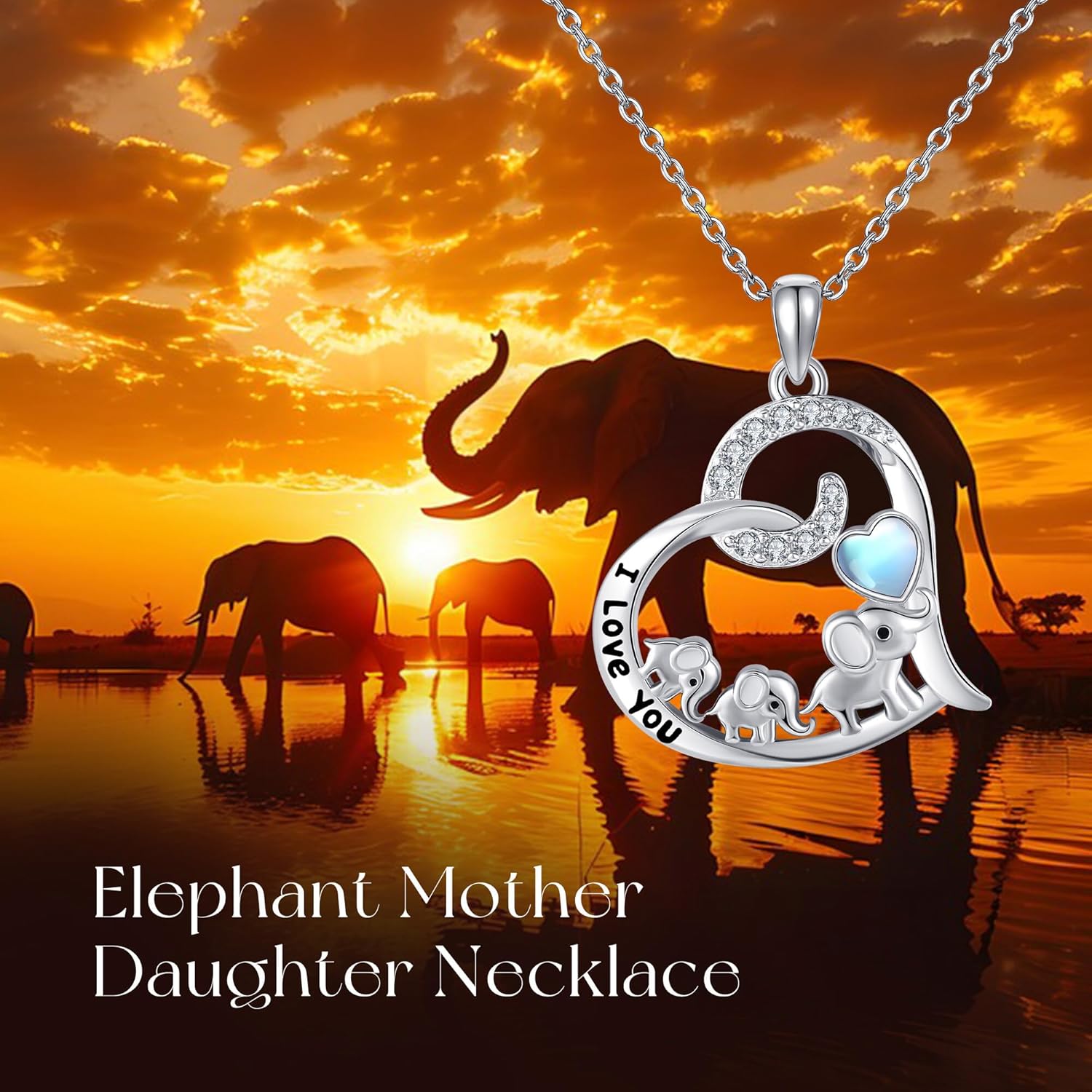 Elephant Mother Daughter Necklace 925 Sterling Silver 3 Elephant Moonstone Heart Shape Pendant Necklace Family Jewelry Mothers Gifts for Women Mom Grandma - Image 2