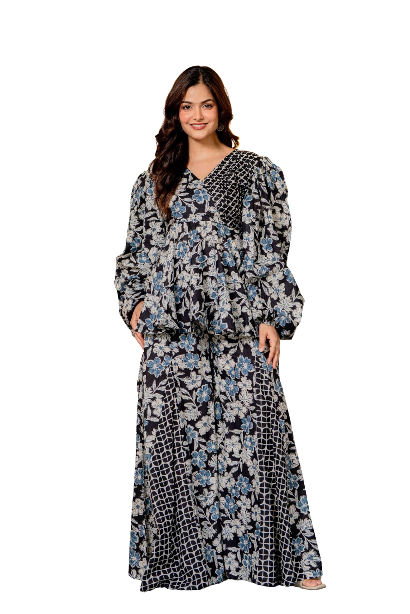 vaaki Women Black Floral Printed Cotton Co-Ord Set with V-Neck Peplum Top & Wide Leg Palazzo Pants | Casual Office-picture-36