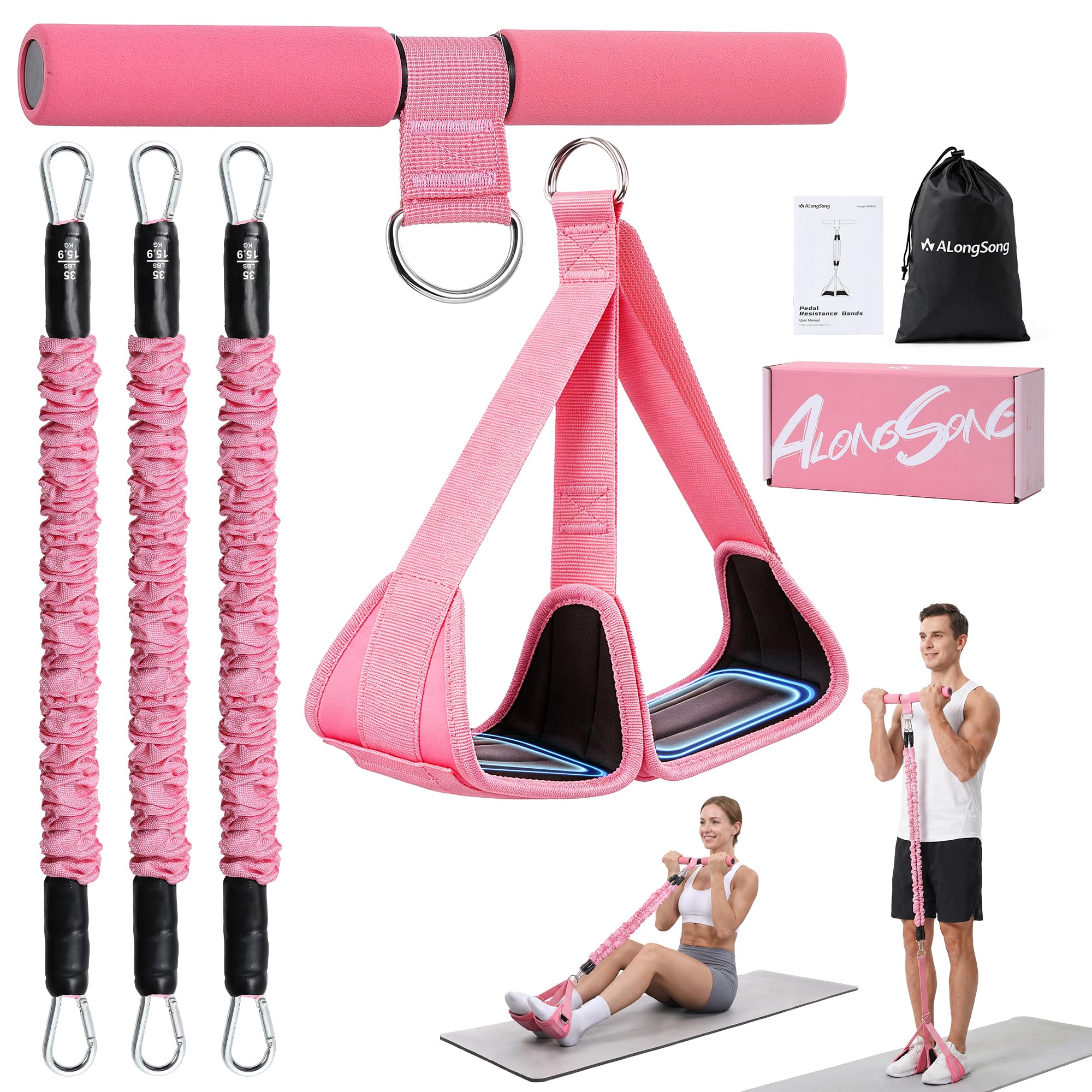 ALongSong Pedal Resistance Band with Handle 30-108LBS, Wider Foot Straps, Adjustable Length&Resistance,Storage Bag Home Gym Travel Workout Use for Full-Body Fitness Pilates Equipment Women Men