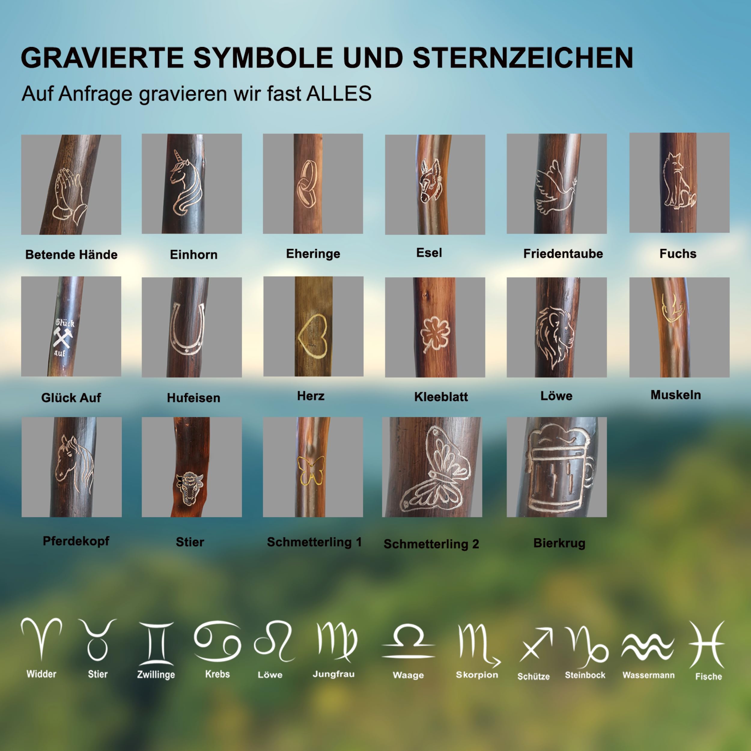 Holz Wanderstock mit Doppelspirale und Sternzeichen-Symbolen-Optional, Länge 98-150 cm - Personalisierte Gravur bis zu 10 Zeichen im Preis enthalten