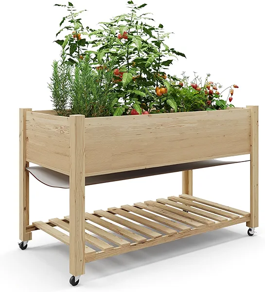 GarveeHome Raised Garden Bed 48x24x32-Inch Mobile Elevated Wood Planter Raised Beds w/Lockable Wheels, Storage Shelf, and Protective Liner for Indoor/Outdoor Gardening,Natural