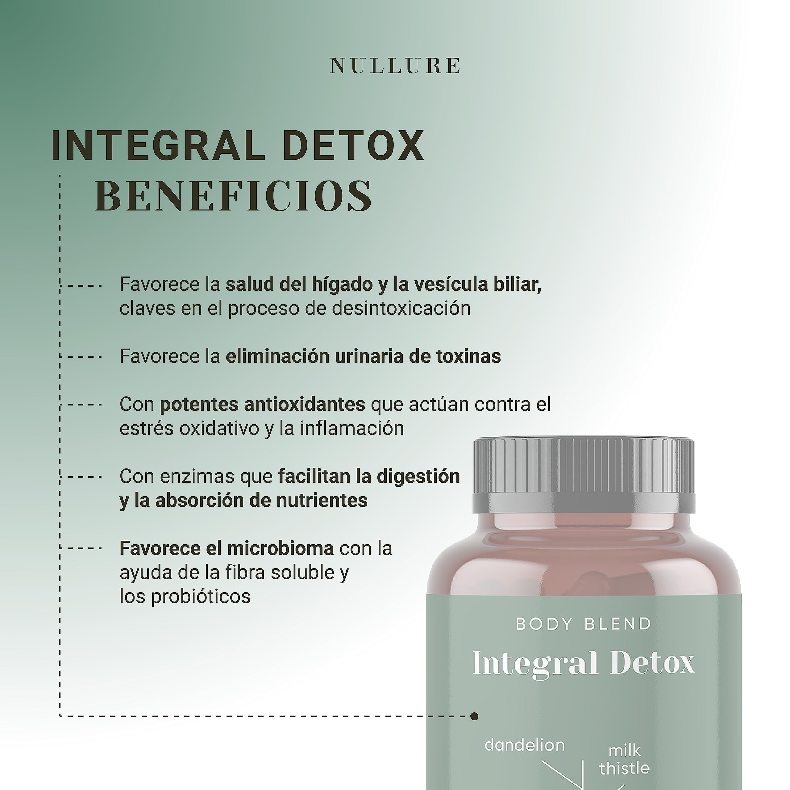 Nullure Natural Detox Depurativo Hígado y Colon | Limpieza Intestinos + Digestión | Vegano | Cardo Mariano + Probióticos + Diente de León + Açaí + Cúrcuma + Selenio | 120 cápsulas (2 meses)