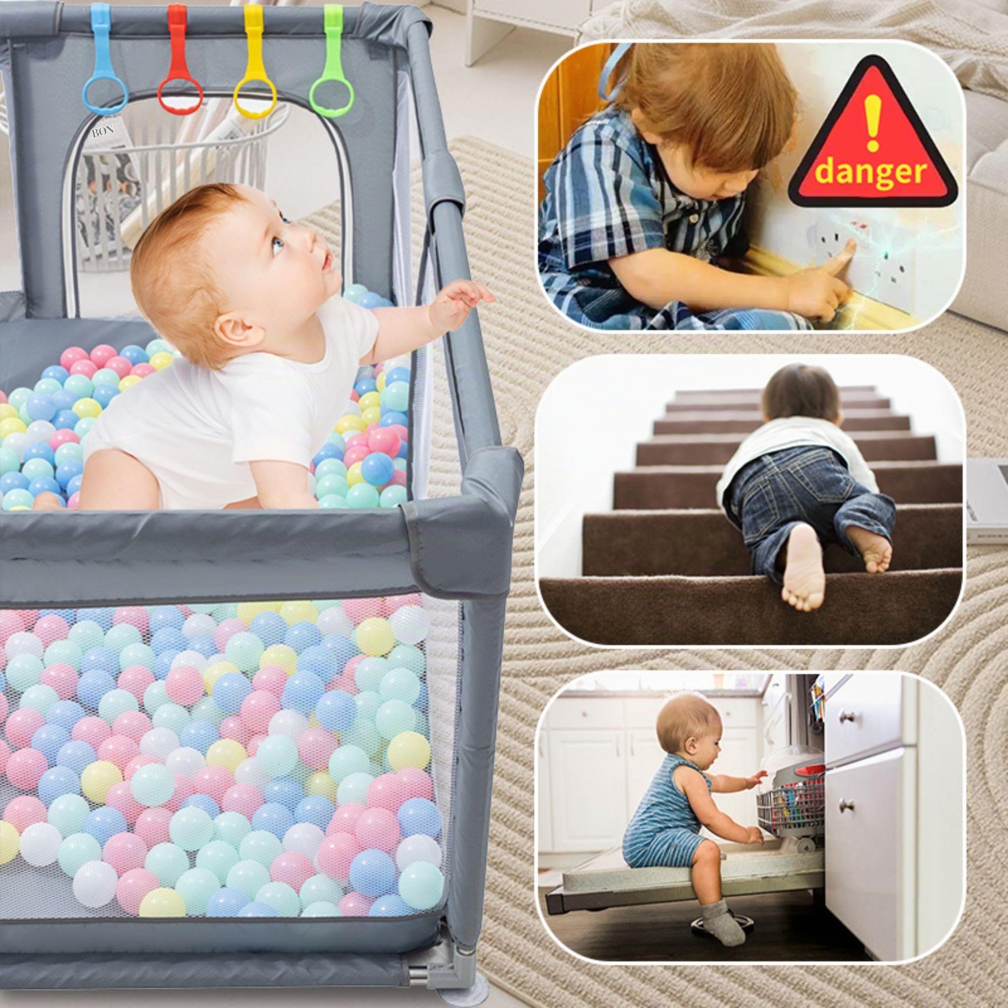 YAZOCO Parc Bébé,120x180cm, modulable, grand parc pour enfant en bas âge, Balle marine sac de rangement, crochet, pour la maison (120x180cm)