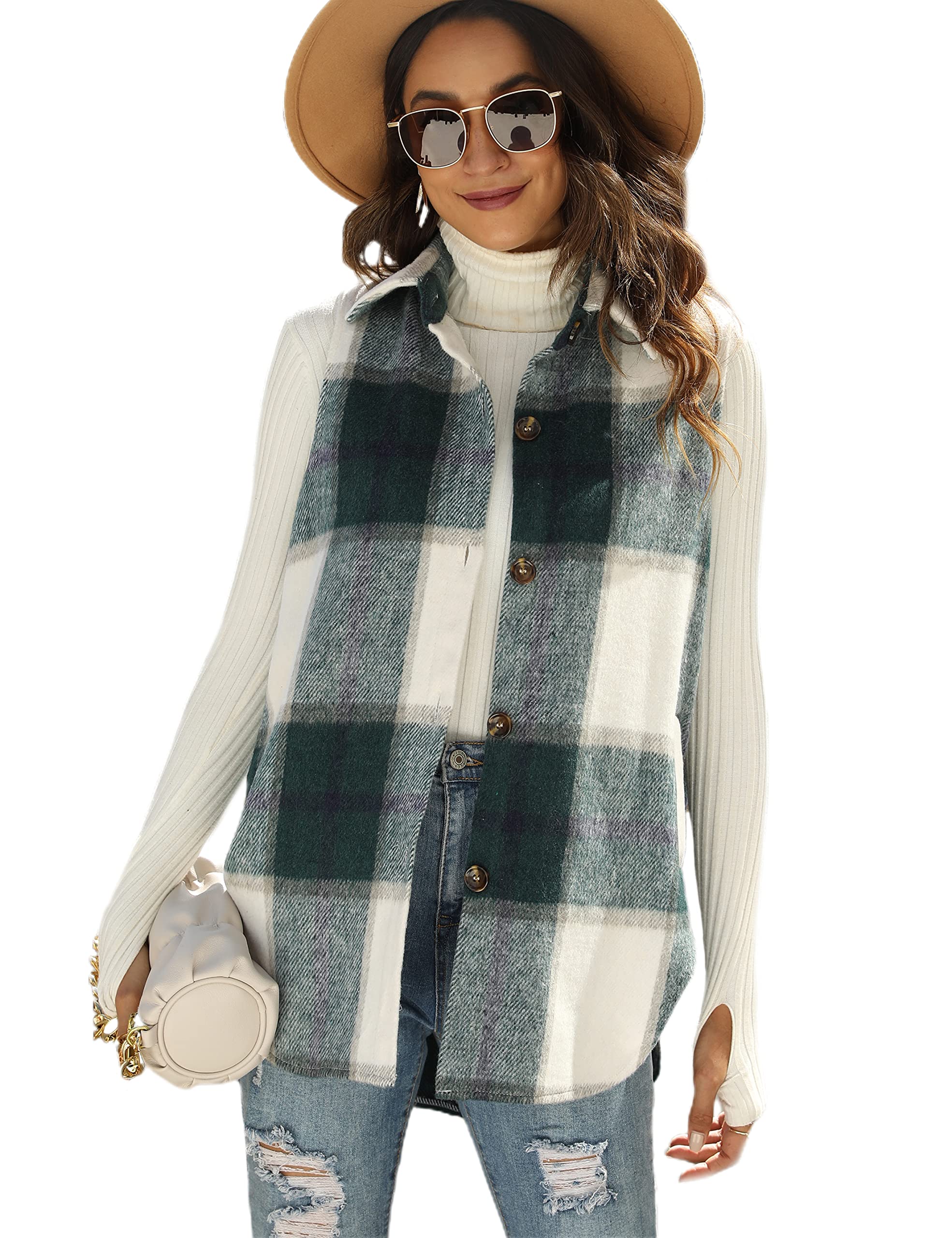 Tanming Women's Plaid Vest Brushed Flannel Sleeveless Shacket with Pockets
