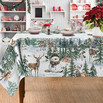 Christmas Tablecloth 5270 Inch, Christmas Decorations Snowmen Table Cloth for Rectangle, Winter Decor Snowmen and Deers Tablecloths Polyester Vintage for Kitchen Picnic Party Dinner Xmas