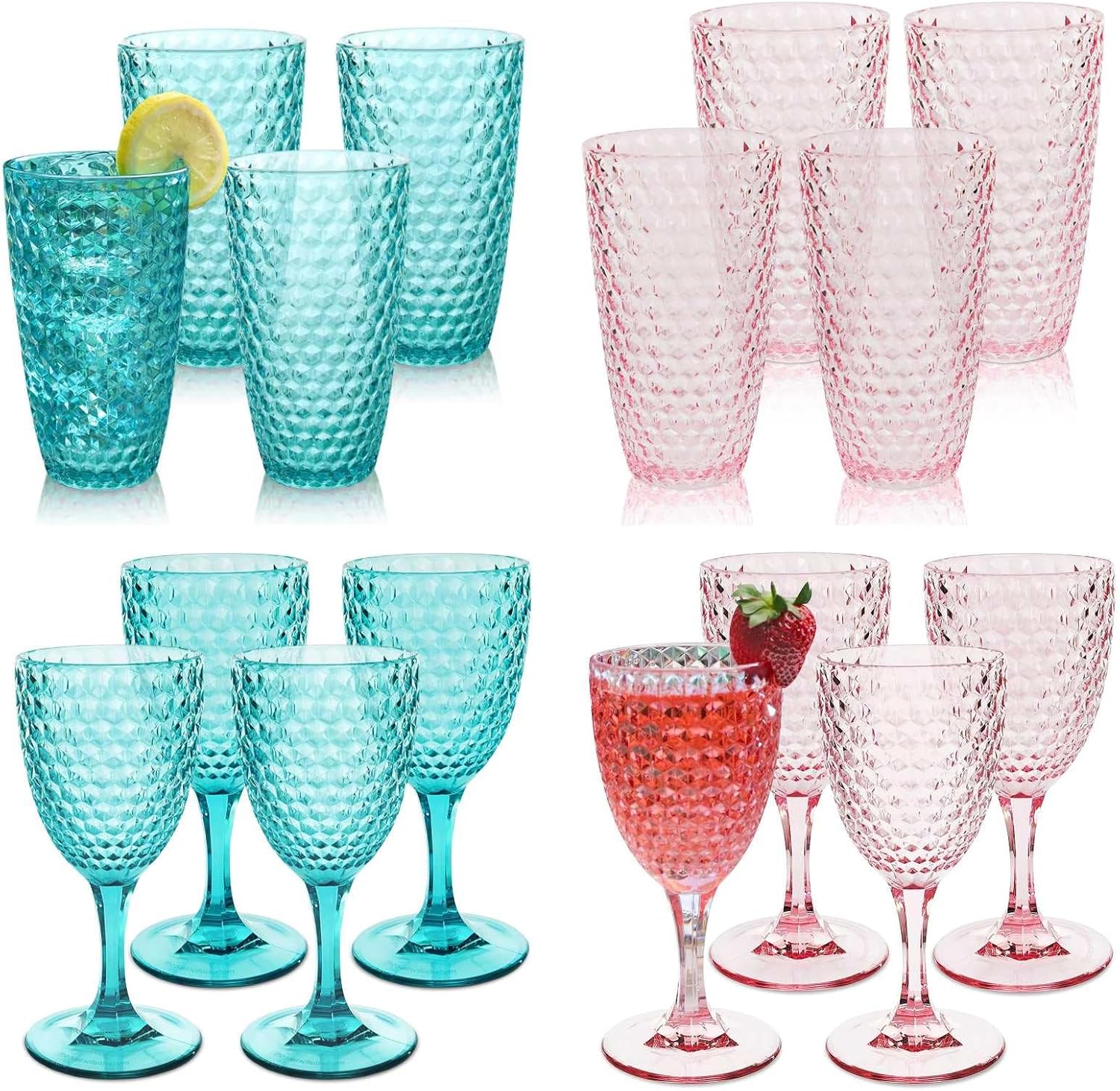 BELLAFORTE Shatterproof Tritan Plastic Tumbler, Laguna Beach 19oz Drinking Glasses Set of 4 + Wine Glasses, Drinkware for Party, Poolside, Indoor Use - Dishwasher Safe, BPA Free