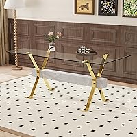 Vista 3 de Dining Table. Modern Tempered Glass Dining Table. Large Modern Office Desk with Gold Plated Metal Legs and Gray crossbars, Suitable for Both Home