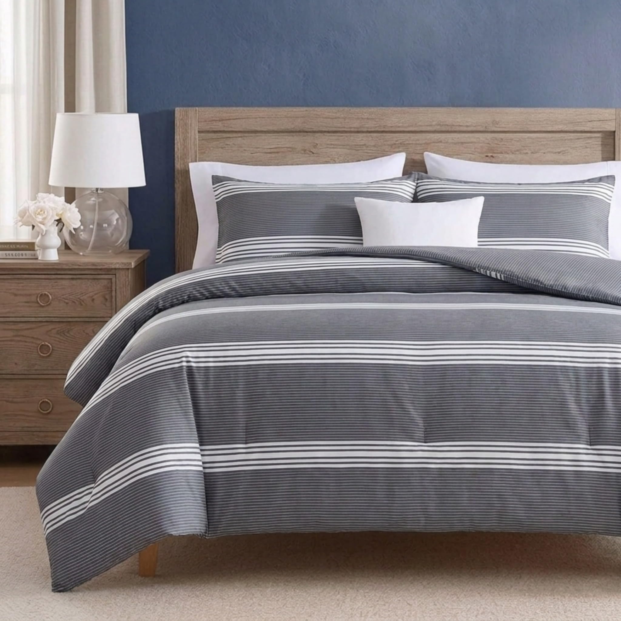 Nautica | 100% cotone accogliente e morbido, durevole e traspirante a righe e federe coordinate, grigio, Twin XL