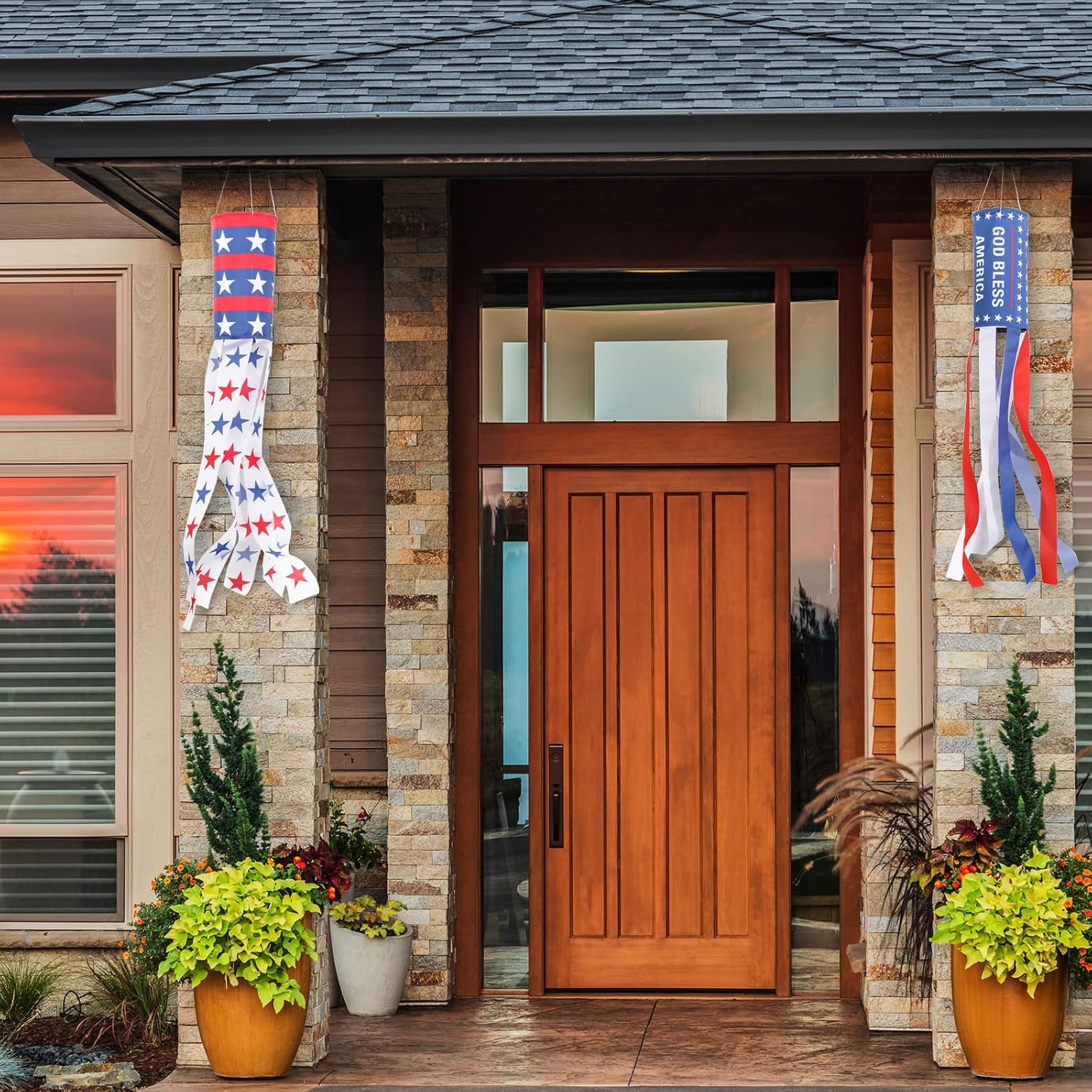 Frienda 4 Pack 40" American Flag Windsock with LED Lights 4th of July Decorations 250th Anniversary Red White Blue USA Patriotic Windsock Waterproof for Memorial Day Independence Day Outdoor Decor