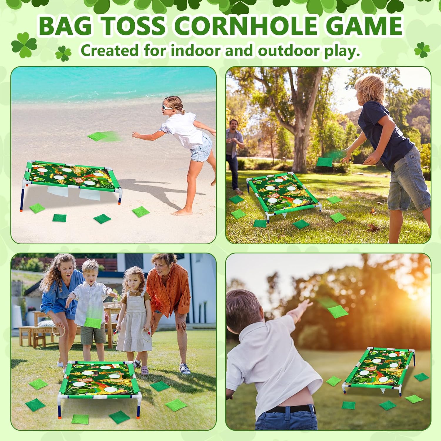 Gemscream St. Patrick Bean Bag Toss Games with 6 Bean Bags Shamrock Portable PVC Framed Cornhole Game Set for St. Patrick Outdoor Game Party