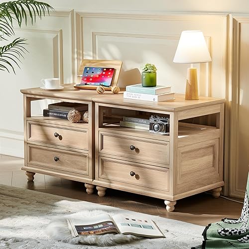 Miniatura 7 de Mesita de noche de granja con estación de carga, mesa auxiliar de 24 pulgadas de ancho con 2 cajones, cómoda natural para dormitorio, mesa auxiliar