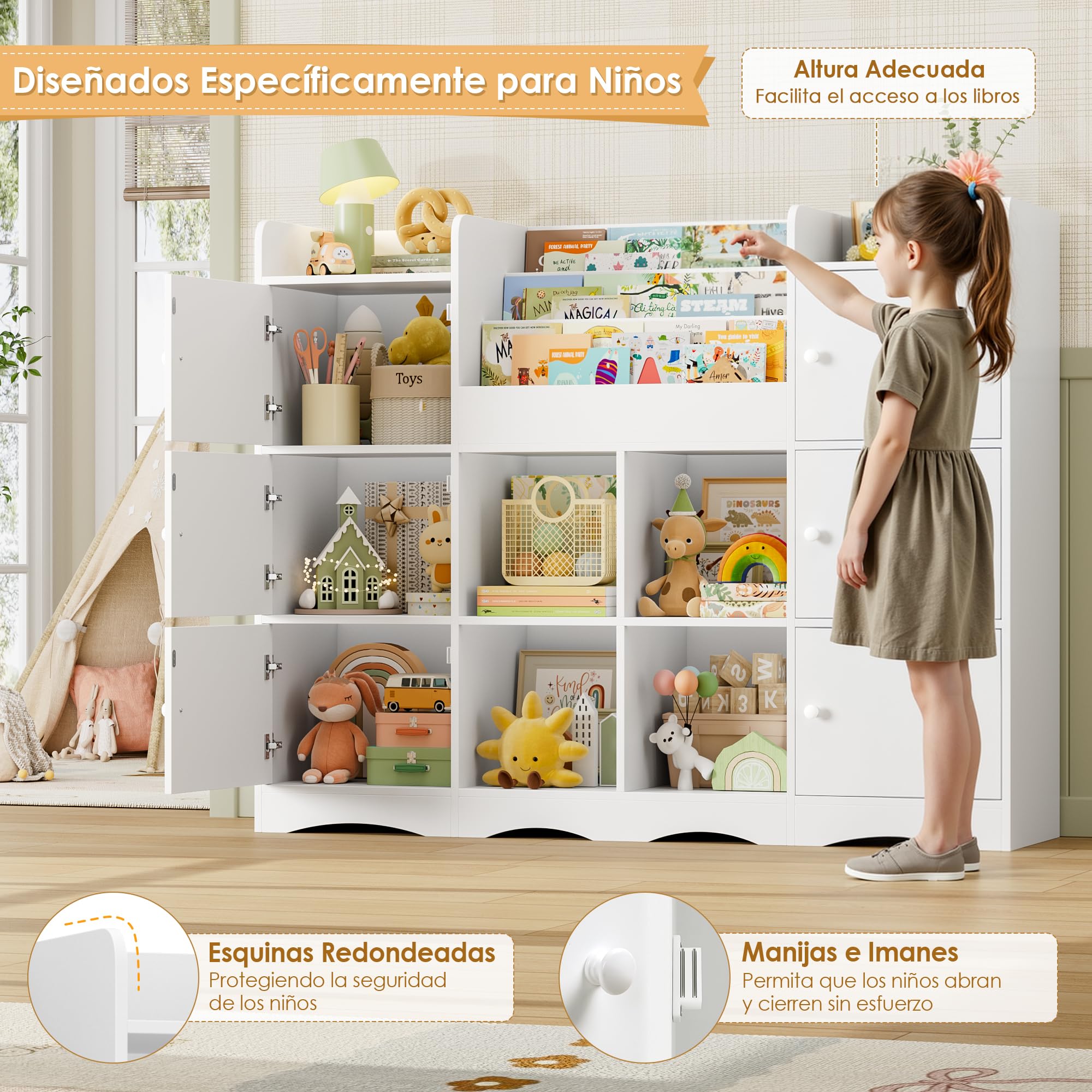 FOREHILL Organizador Juguetes, 6 Armarios con Puertas, Blanco | Estanteria Infantil, 6 Armarios con Puertas, 4 Estantes Abiertos para Dormitorios Guardería, 140x30x106cm