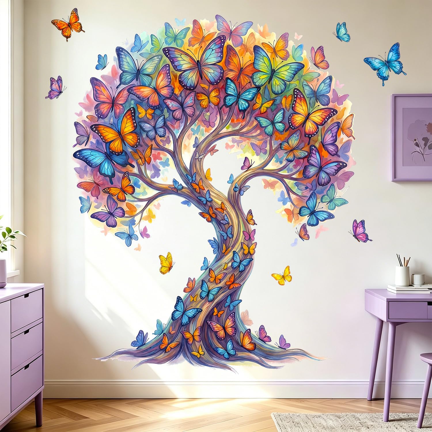 Colorful Butterfly Tree Wall Decals Peel and Stick, Vibrant Nature Vinyl Wall Stickers Mural for Girls Room Bedroom Living Room, Boho Floral Flower Wall Decor Art