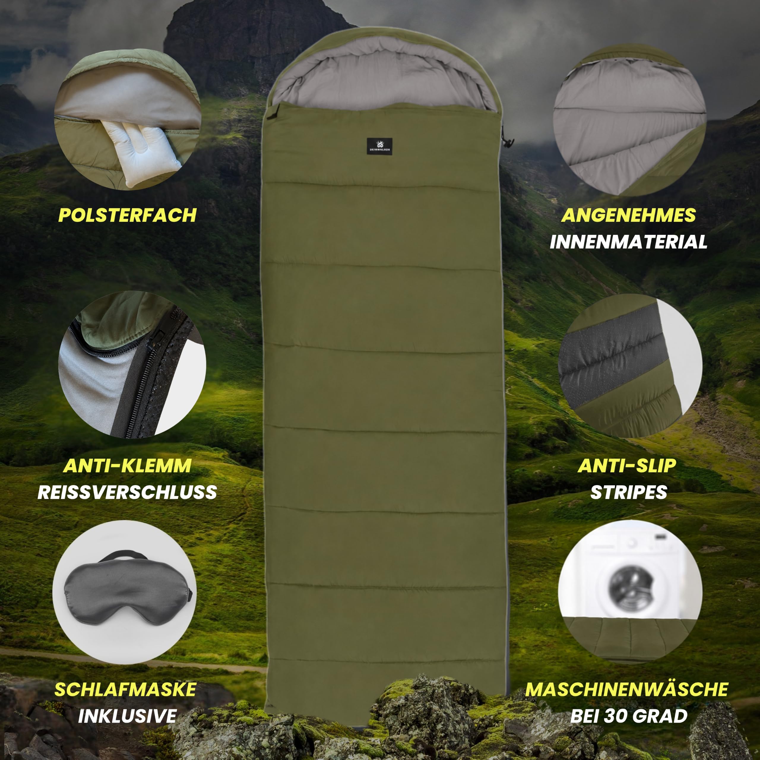 SkinWalker Schlafsack Erwachsene mit Anti-Rutsch Streifen, kleines Packmaß & Ultraleicht 1500g, 3 Jahreszeiten Deckenschlafsack, Schlafsäcke für Camping, Outdoor & Festivals