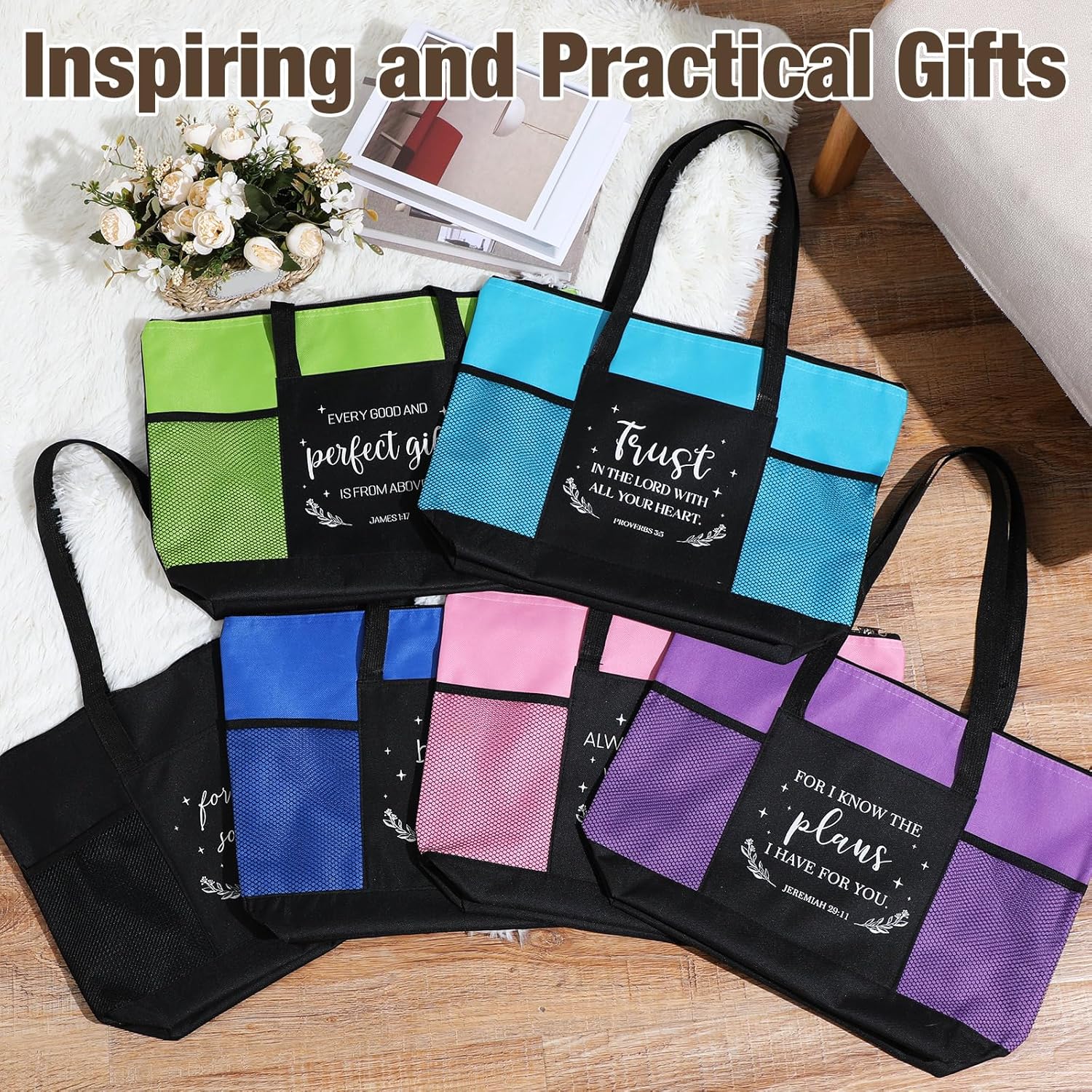 Paterr Christian Tote Bags with Pocket Zipper for Women Bible Religious Church Gift for Coworker Teacher Nurse - Image 5