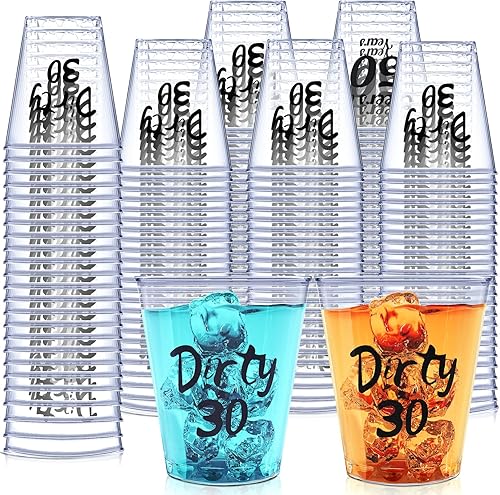 110 vasos de chupito de plástico sucios 30 desechables de 2 onzas, decoraciones de feliz cumpleaños 30 para él y ella, whisky, mujeres y hombres,