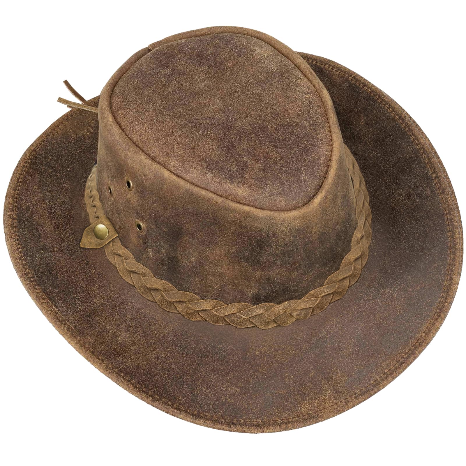 Pamposh Sombrero de vaquero de cuero para hombres y mujeres, hecho a mano, ligero, moldeable, duradero, de ala ancha, sombrero de vaquera, Marrón-01, L
