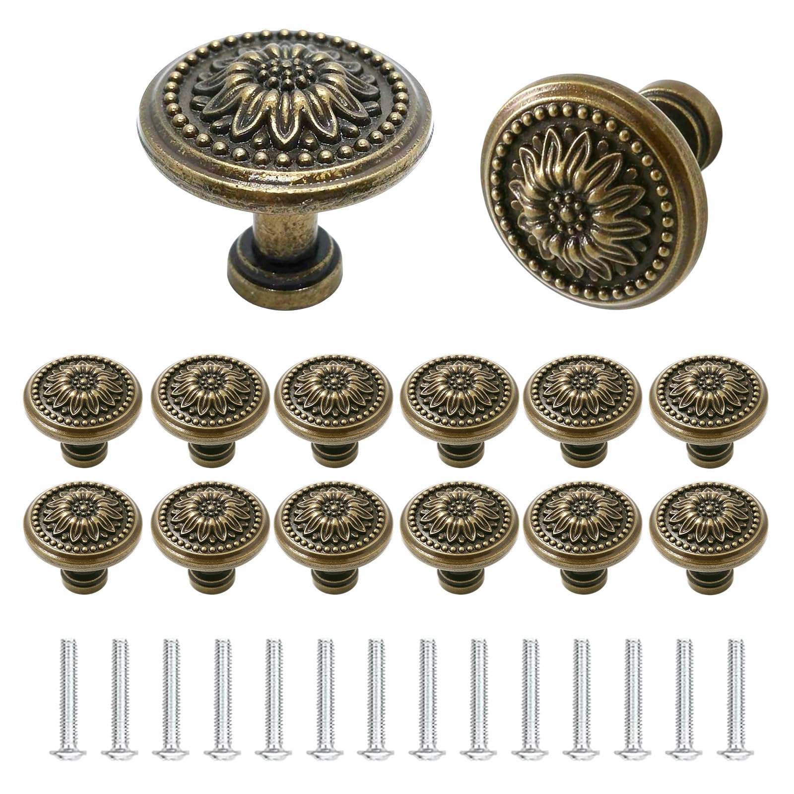 Xnqelerate 14Pcs Rotundity Engraved Antique Brass Door Knobs, Vintage European Style Metal Cupboard Knobs, Decorative Drawer with Screws, for Wardrobe, Dresser, Cupboard, Jewelry Boxes (Brown)