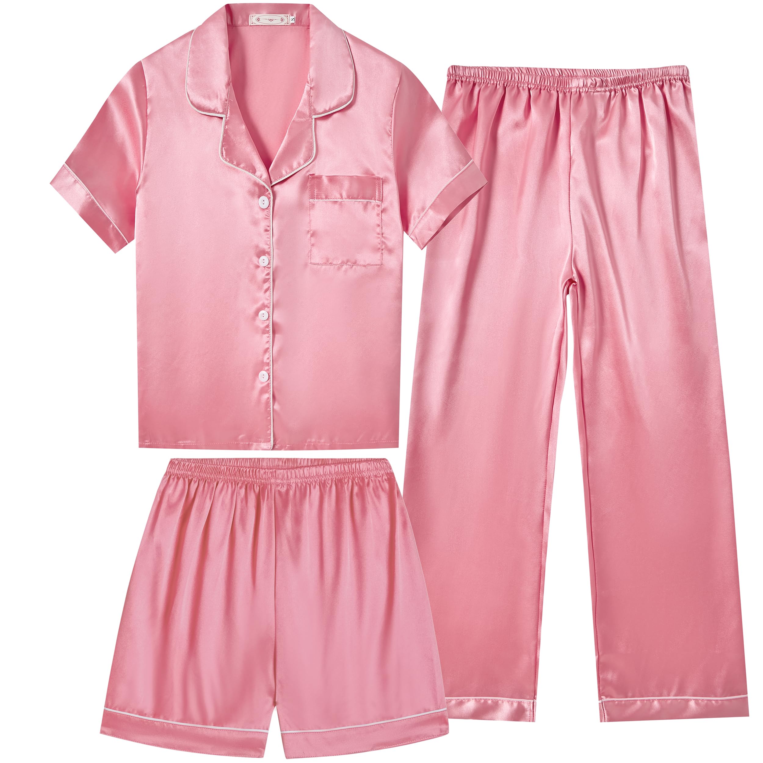 Vopmocld Satin Pajama Sets Unisex Boys and Girls Silk Button Down Short Sleeve & Shorts & Pants Sleepwear 3PCS Loungewear PJS