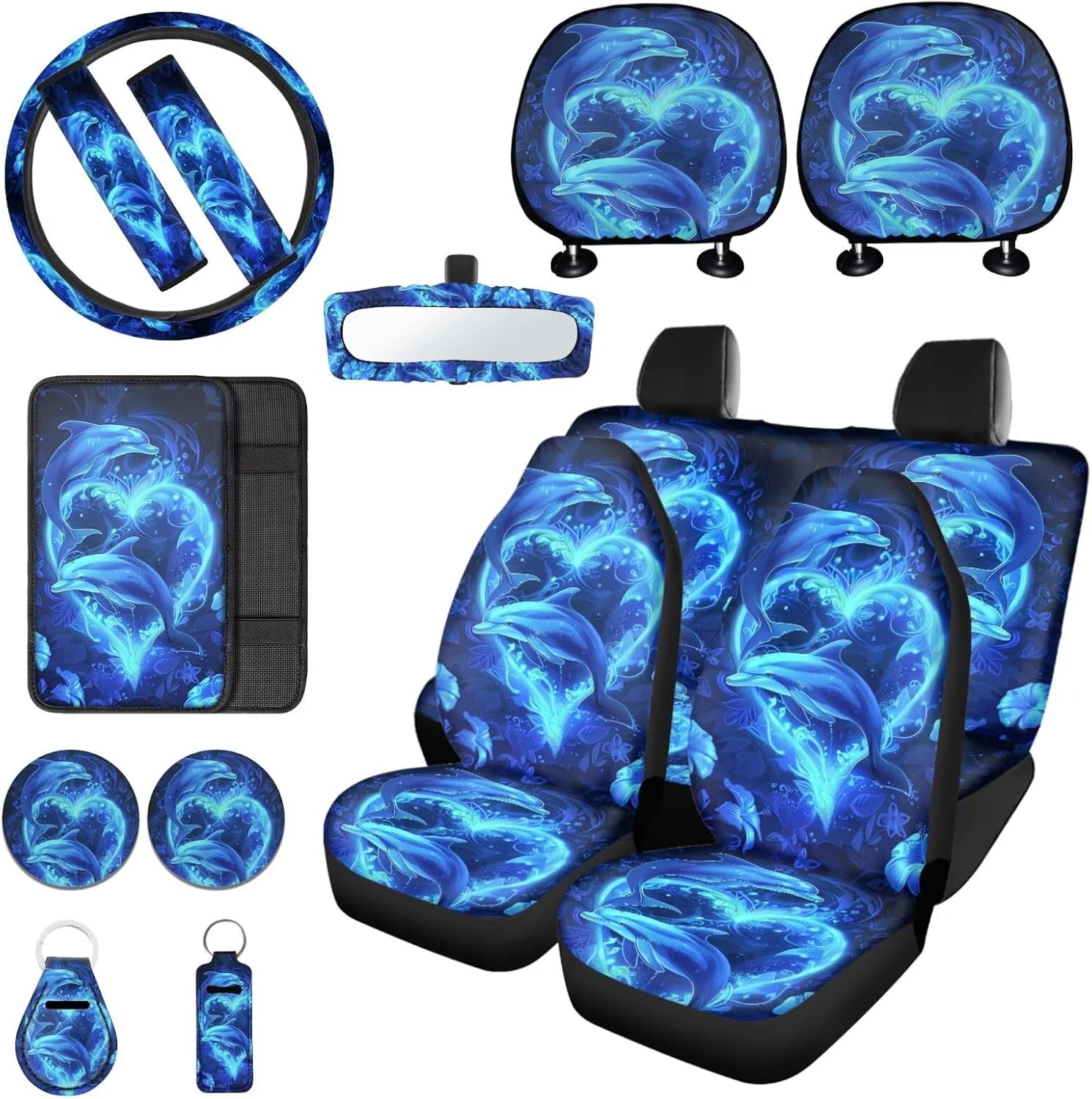 15 Piece Car Seat Cover Sets for Women, Dolphin Heart Print Car Front and Back Seat Cover Steering Wheel Cover Seat Belt Cover Armrest Pads Headrest Cover Cup Coaster Keychain, Universal Fits