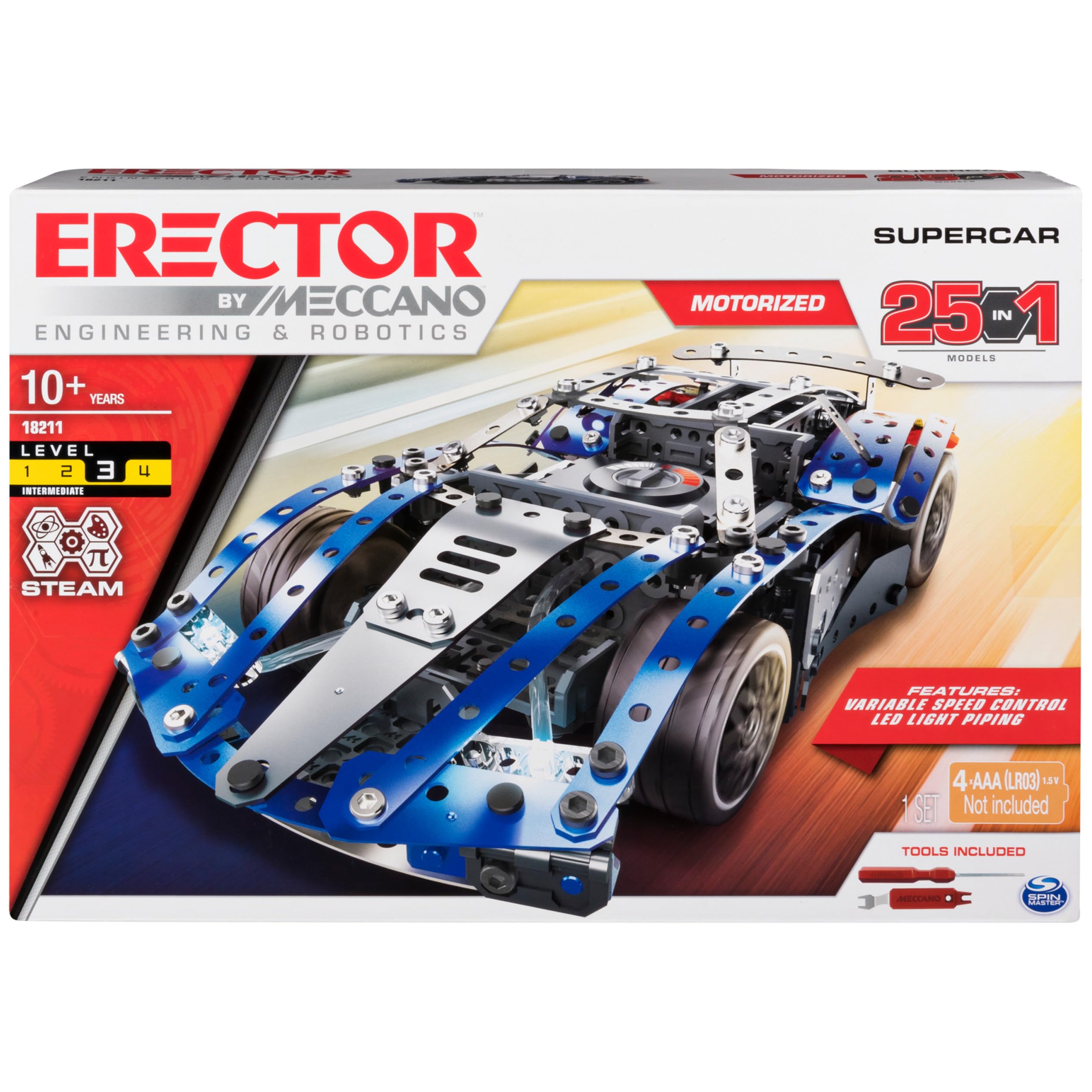 MECCANO Erector Supercar 25-in-1 STEM Building Kit, 328 Parts