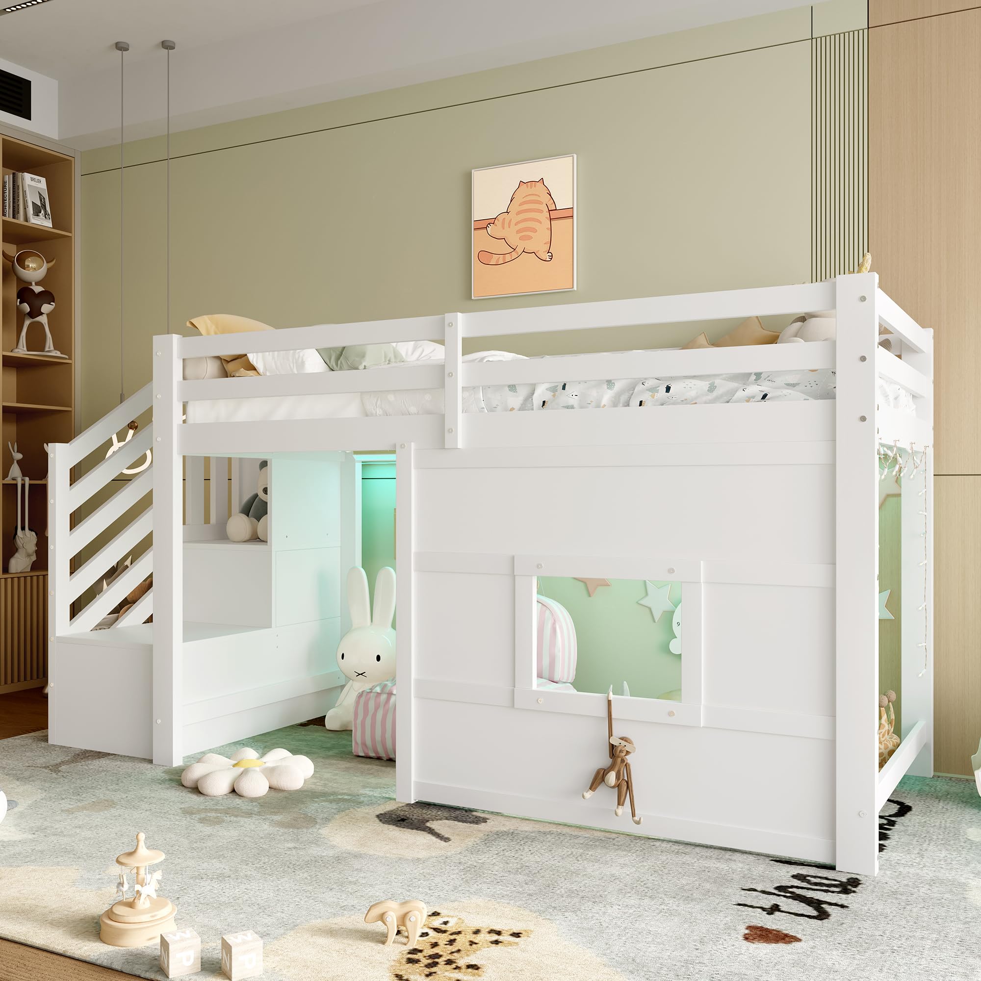 Sapgaks Lit Mezzanine Enfant 90x200 avec éclairage LED,lit mi Hauteur avec escalier de Rangement et fenêtre,Cadre de lit Enfant 90x200 (J-Blanc 90)
