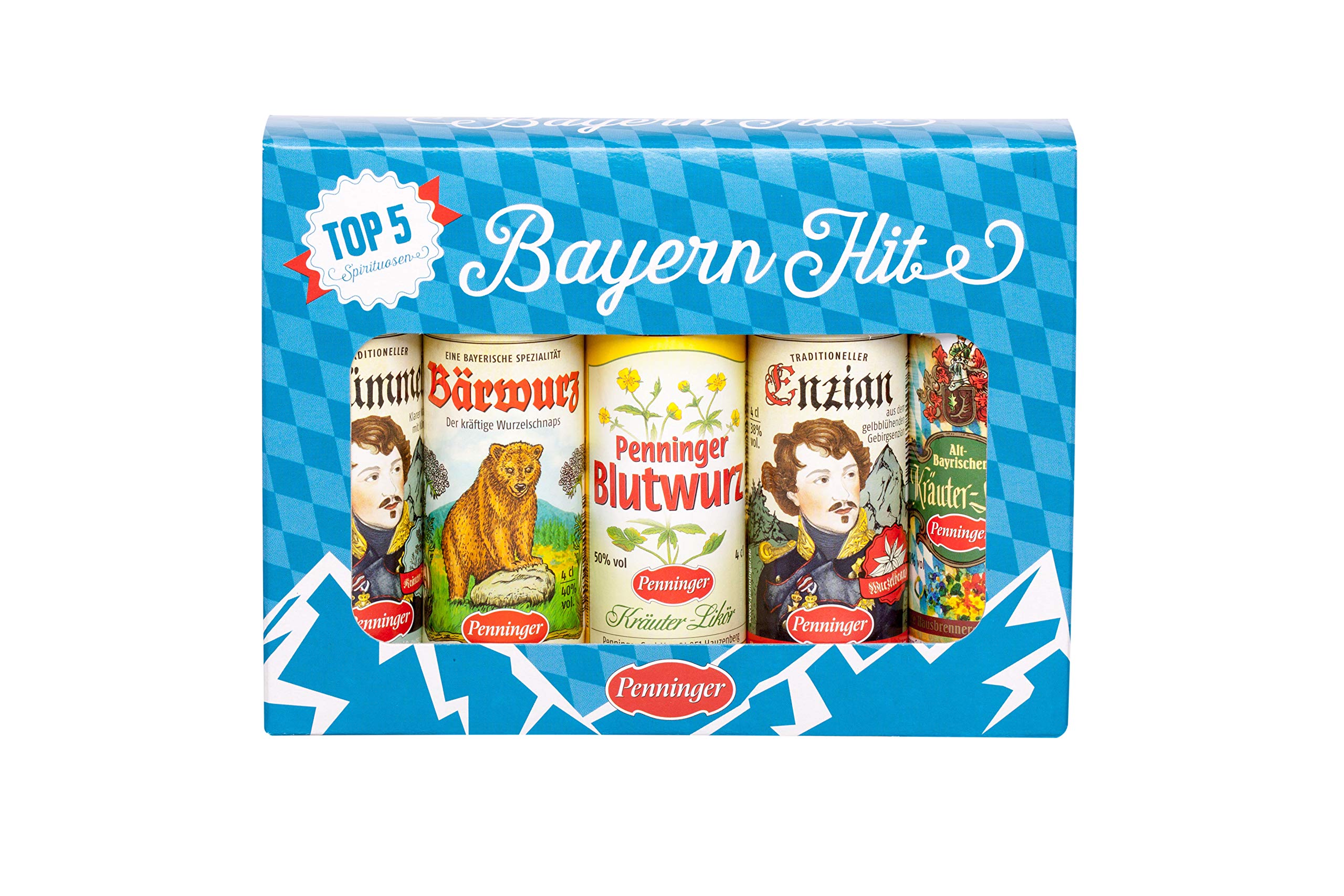 Penninger Bayern-Hit, Bärwurz, Blutwurz, Enzian, Kümmel und Altbayerischer Kräuterlikör, 5x4cl Flaschen