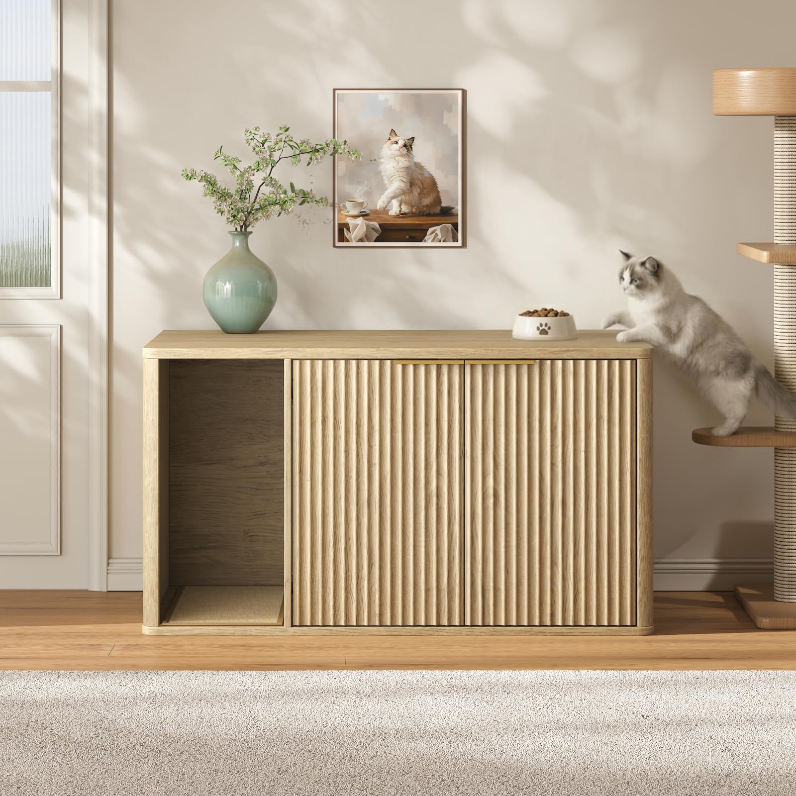90 cm breiter Katzentoilettenschrank, versteckt und multifunktional als Katzenklo & Beistelltisch, moderner Boho-Stil in Naturholzoptik, ideal für Wohnzimmer, Diele und Schlafzimmer, natürlich