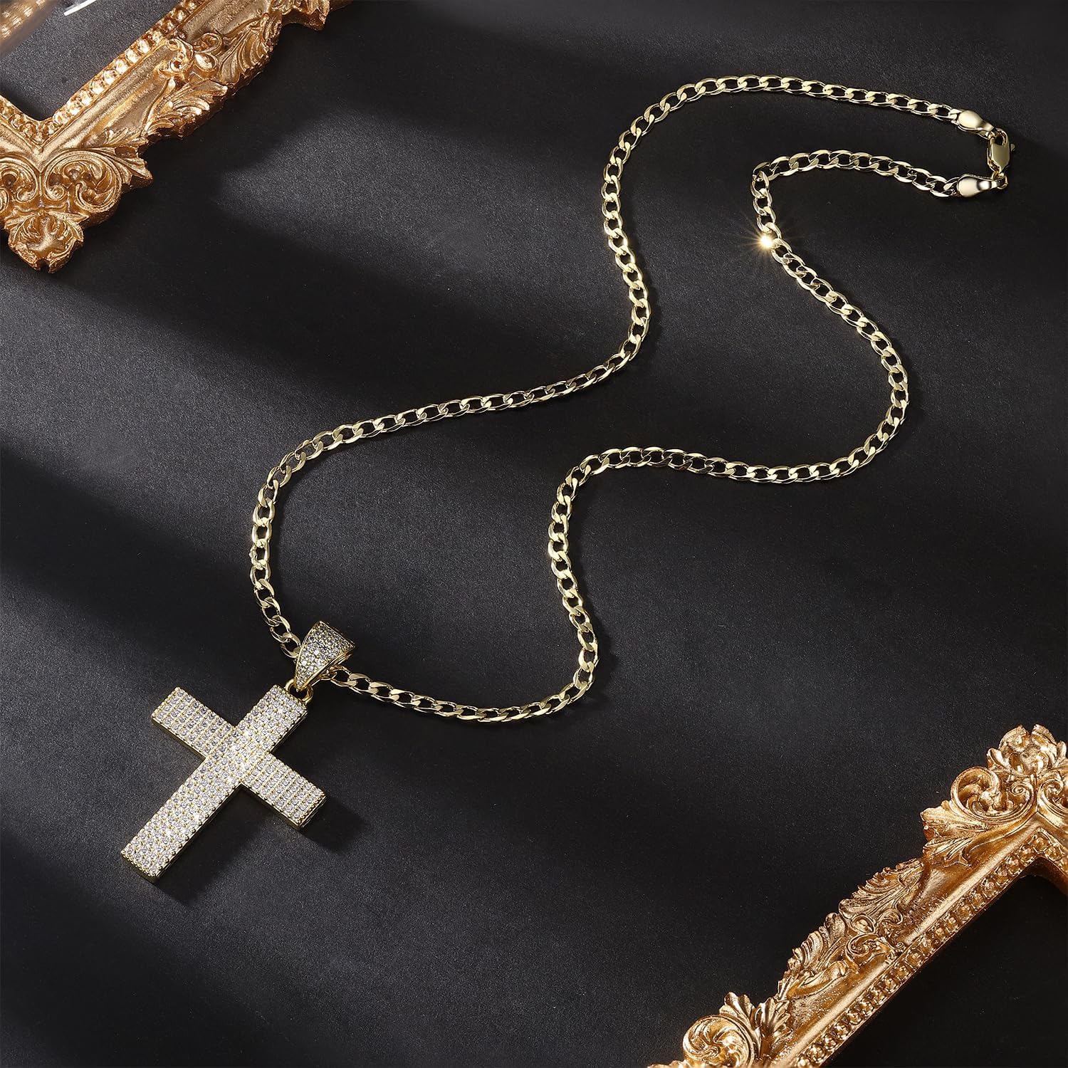 Gemsme 18K Gold Plated Cubic Zirconia Cross Pendant Chain Necklace for Men Women Simple Small Round CZ Cross Pendant Necklace 16/18/22 Inch - Image 2