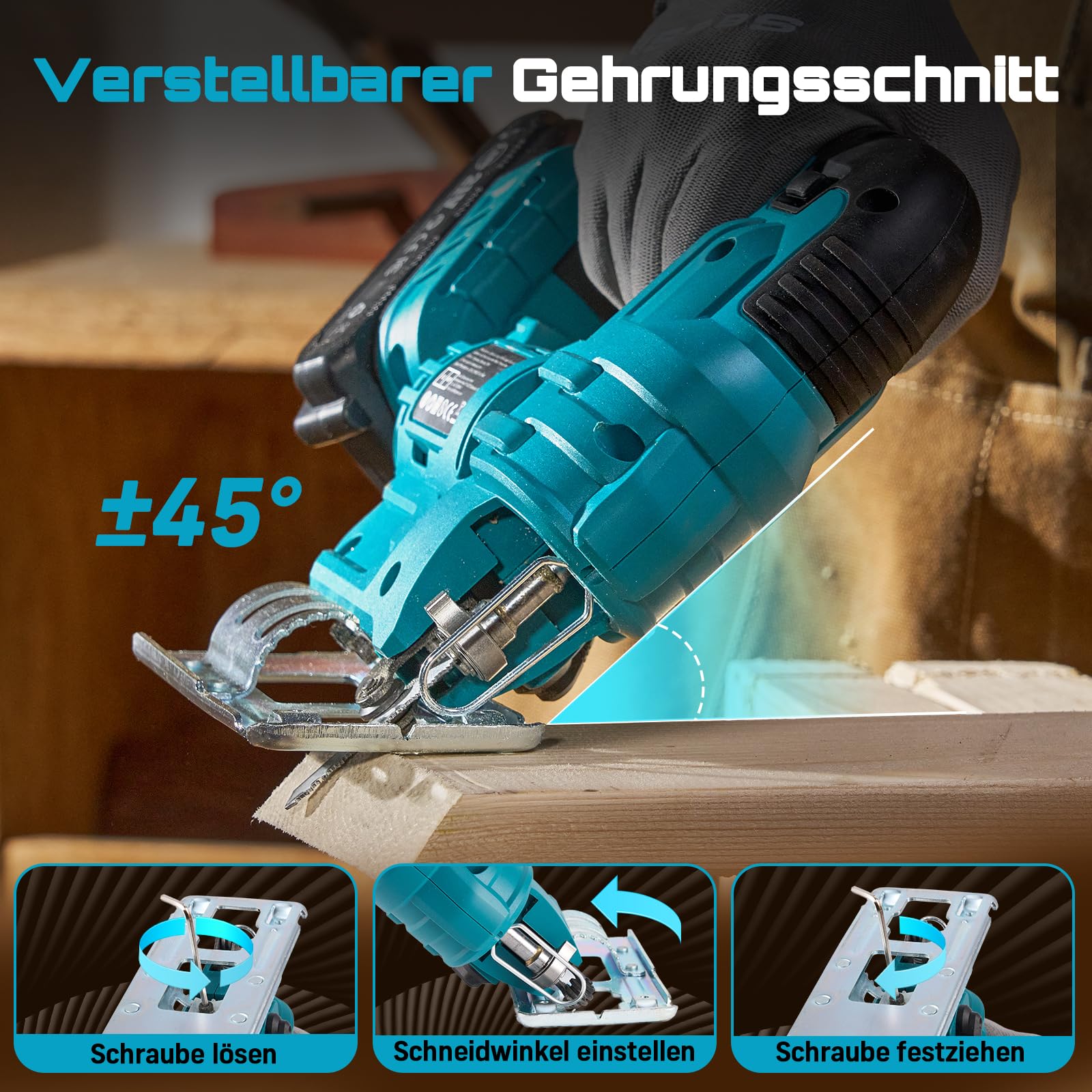 Seesii Stichsäge 21V, Akku Stichsäge mit Akkus und Ladegerät Set, 6-Stufen, Mit LED, 0°-45° Gehrung, 4 Pendelhub-Einstellungen, 20mm Hubhöhe, 2800 SPM, 9 Sägeblättern, mit Tragetasche