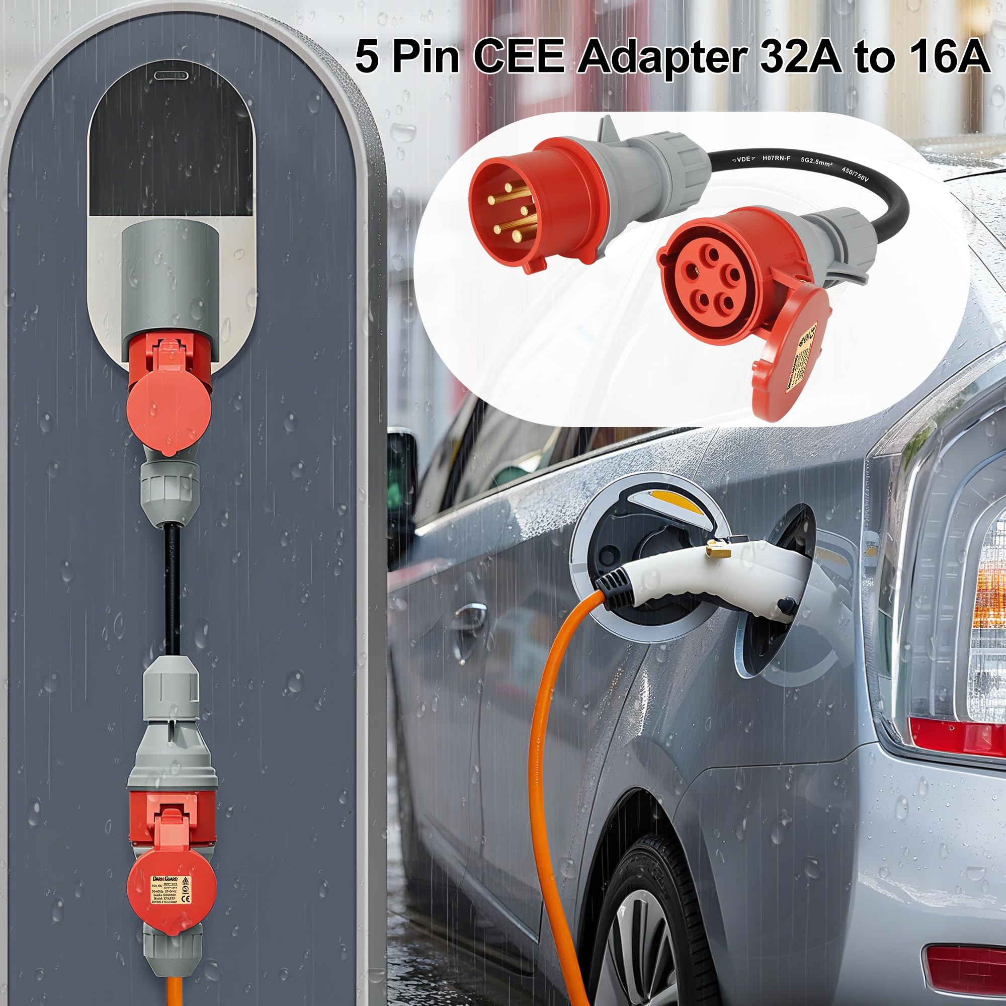 Adattatore CEE da 32A a 16A 5 Poli per Caricatore EV, 400V Adattatore ad Alta Corrente 32A Maschio a 16A Femmina 5 Pin, Cavo CEE H07RN-F 5G 2.5mm² EN60309