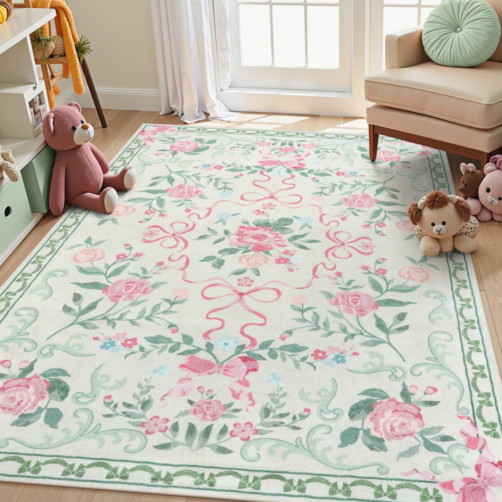 Collive Green Floral Rugs for Girls, 5x7 Washable Bow Area Rug for Living Room, Cute Ultra-Thin Non Slip Indoor Decor Carpet for Nursery Kids Room