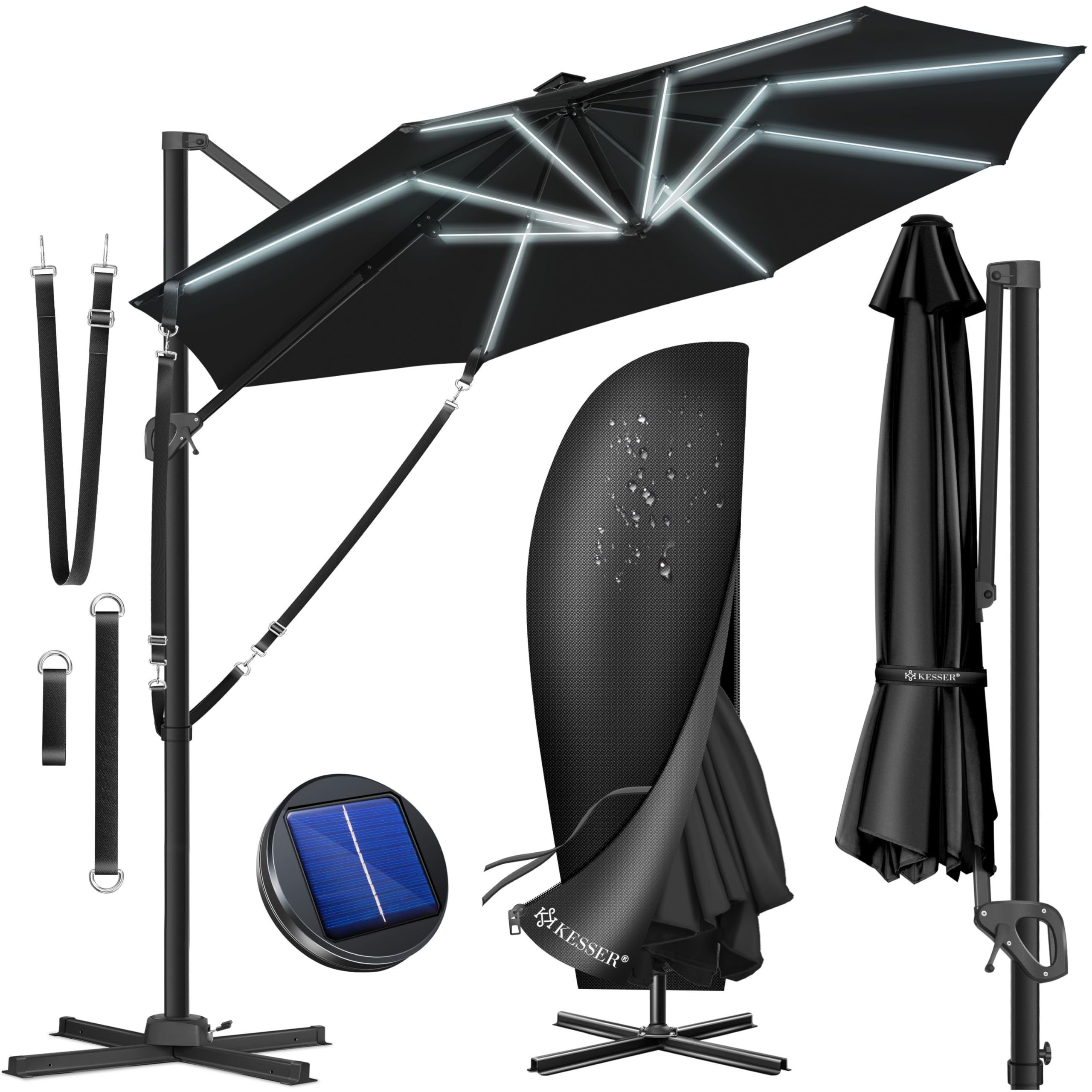 KESSER® Sonnenschirm Ampelschirm SUN Rund LED XL Ø330 cm, 7-Fach Verstellbar Drehbar Neigbar Kippbar Groß 360° Drehbar Gartenschirm mit Kurbel Sonnenschutz UV50+ Inkl. Windschutz & Abdeckung,Anthrazit