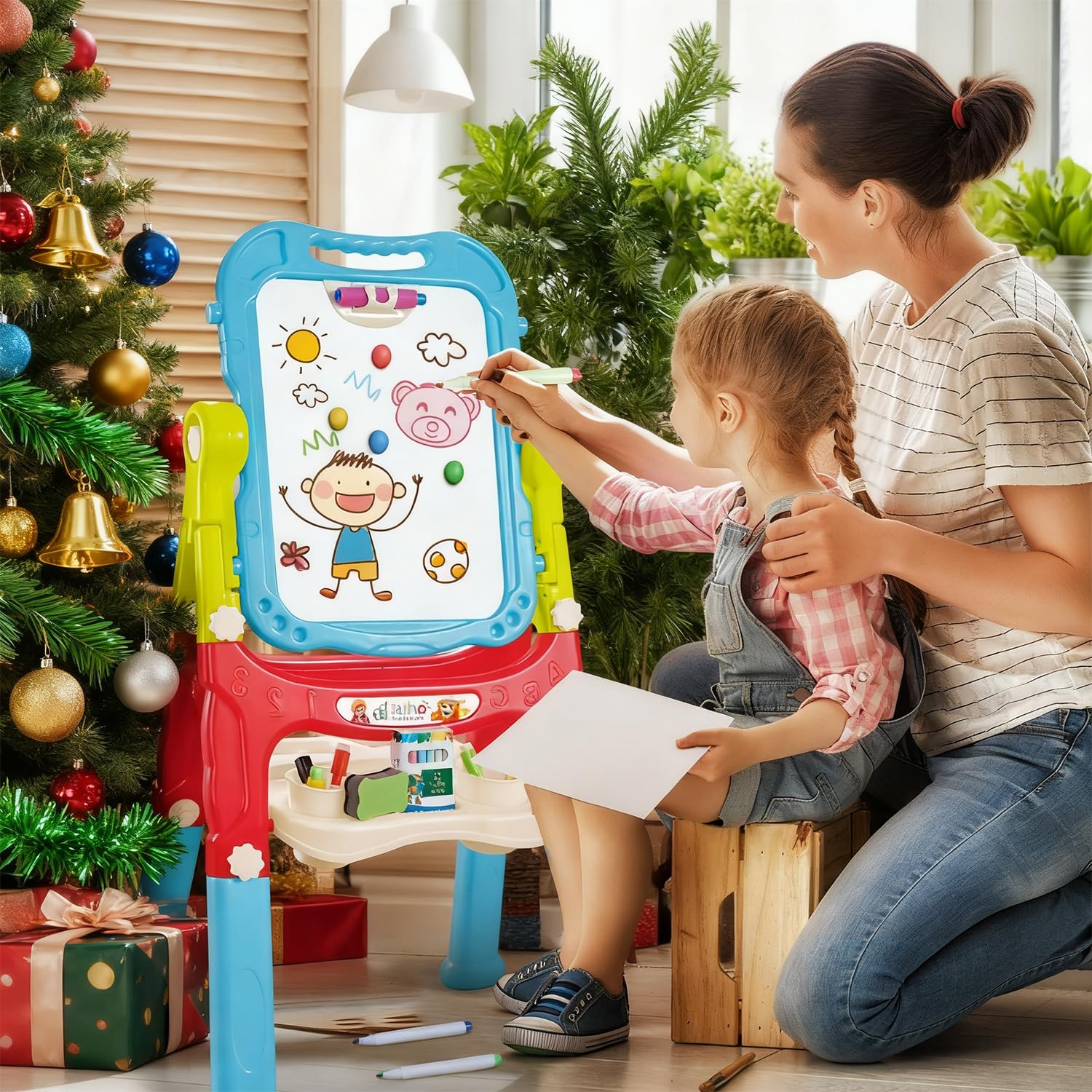 Caballete de arte para niños pequeños, pizarra blanca magnética de doble cara y pizarra con accesorios de pintura, caballete giratorio, juguete de regalo para niños y niñas 4