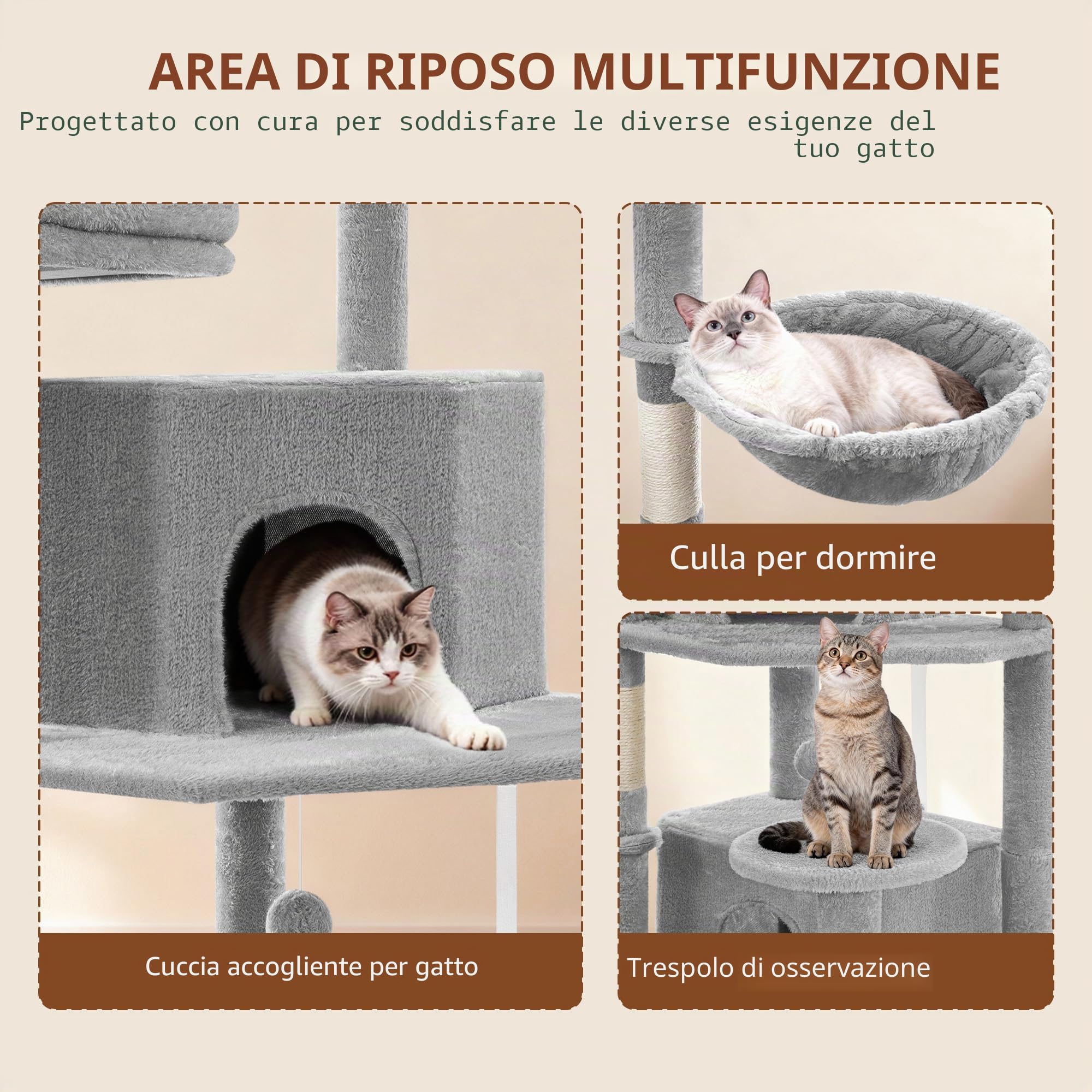 Albero Tiragraffi per Gatti, 216 cm Torre per Gatti, Grigio Chiaro