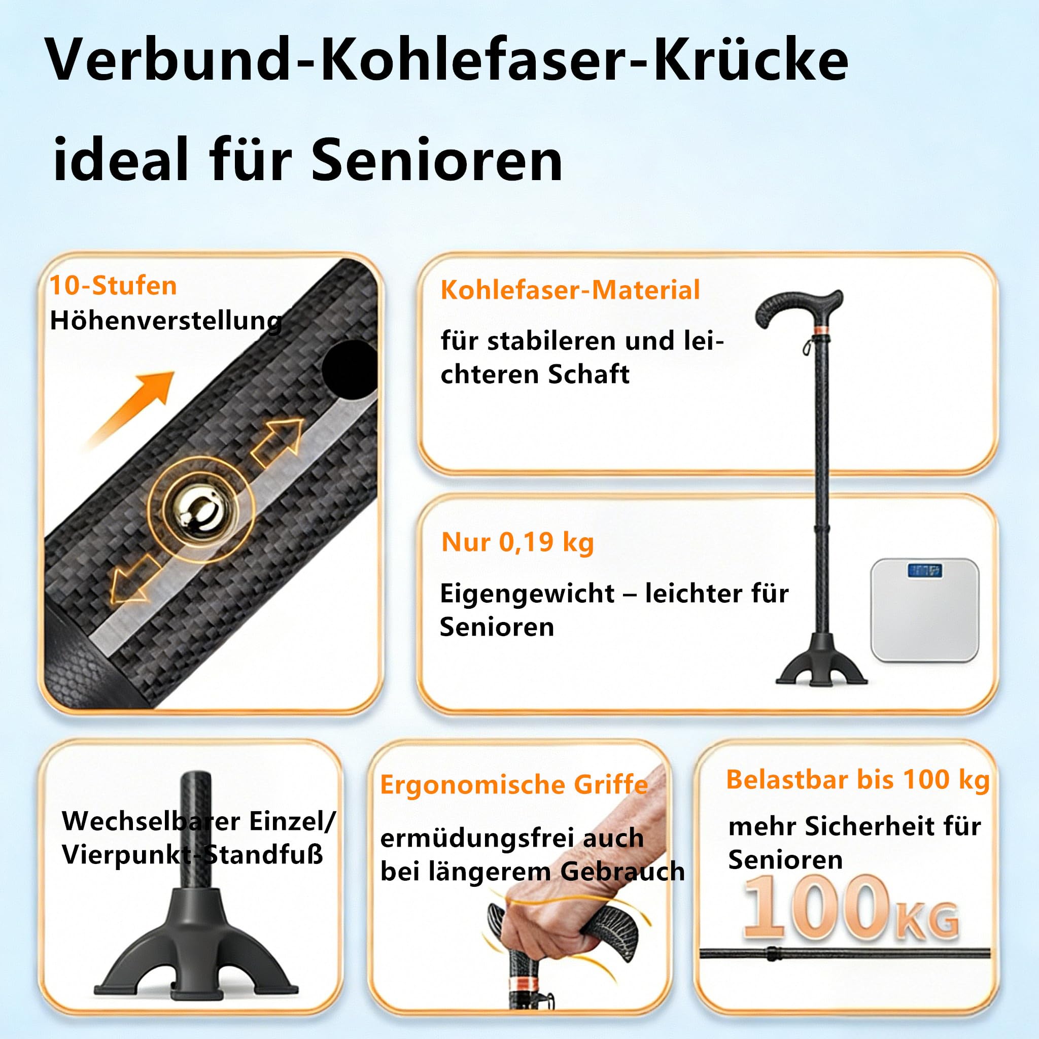 Gehstock für ältere Menschen,Ultra-Leichter Spazierstock aus Kohlefaser, höhenverstellbar 100kg Tragfähigkeit, Stoßdämpfender Spazierstock für Senioren & Erwachsene