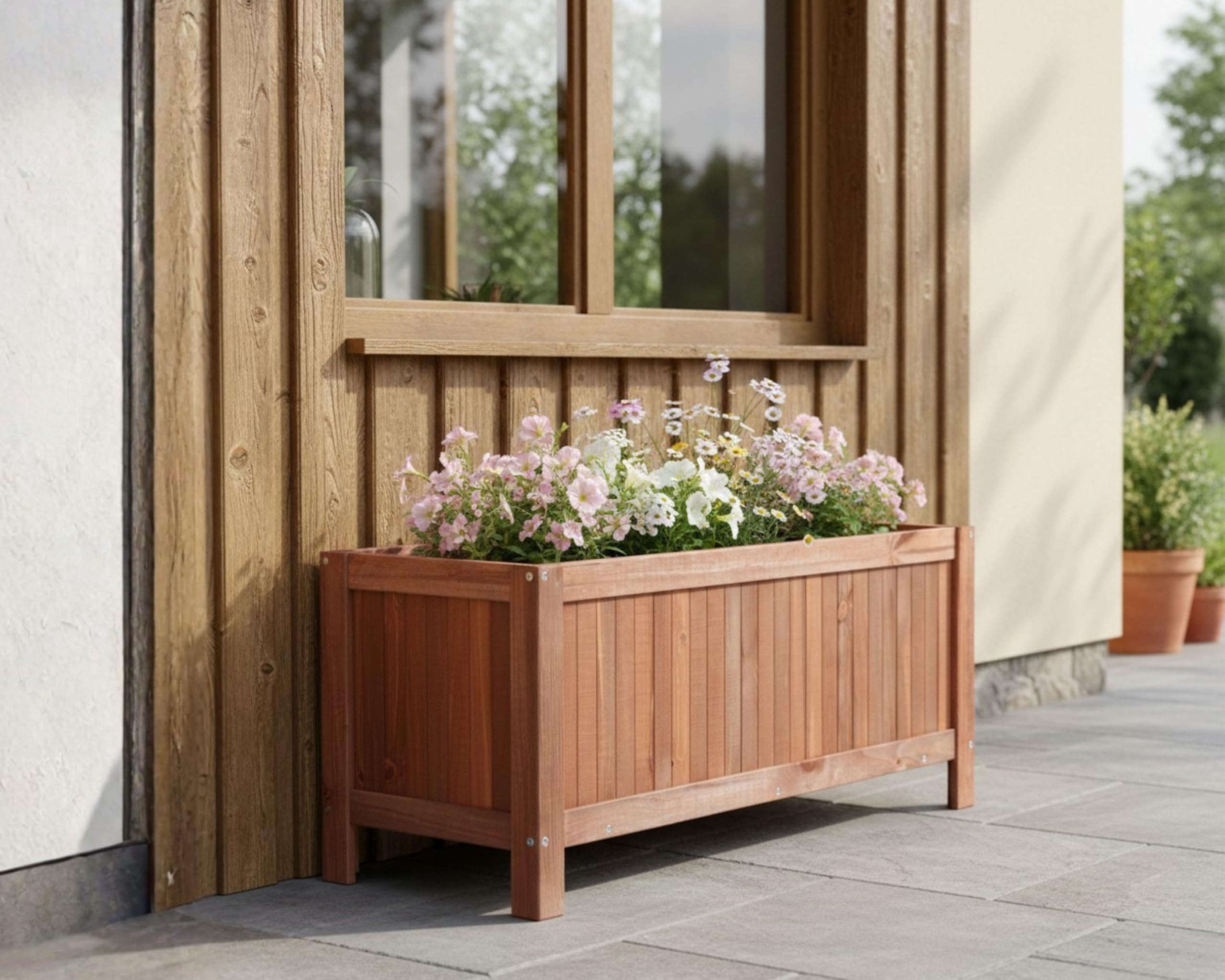 Pflanzkübel Groß Außen Holz – Wetterfester Blumenkasten 80x40x37cm aus FSC-Kiefernholz mit Füßen; Imprägnierter Blumentopf für Balkon & Garten, Braun