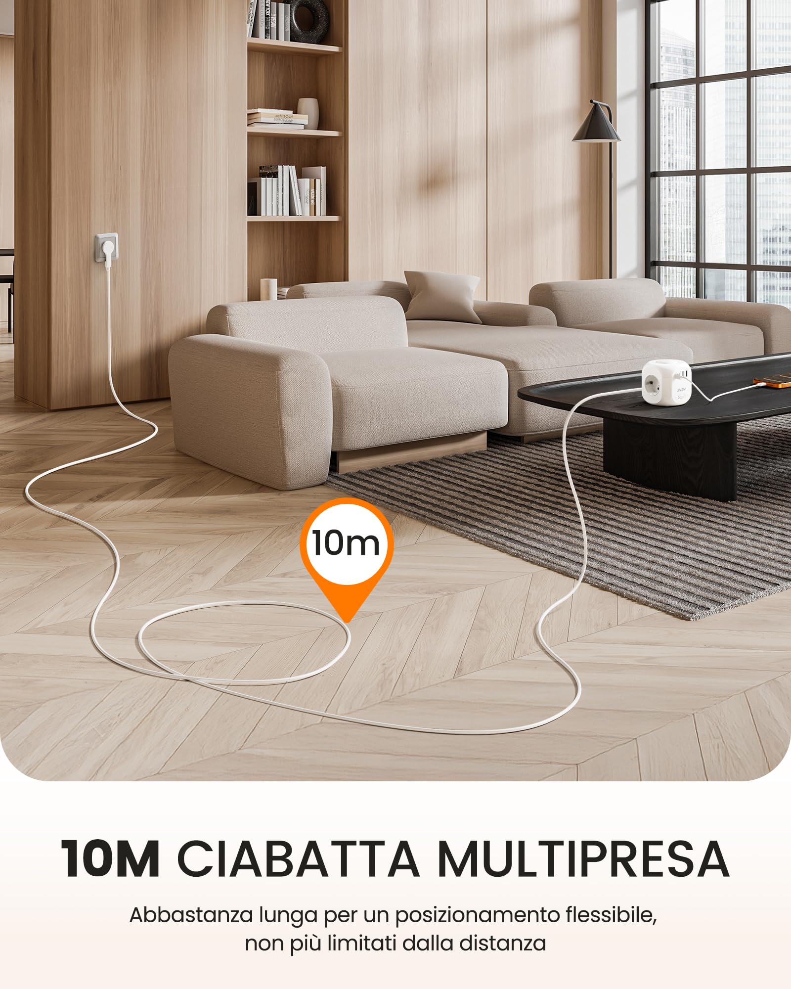 LENCENT 8 in 1 Ciabatta Cubico da 10M, Presa Multipla con Spina Piatta | Ciabatta Elettrica con 4 Prese AC, 2 USB-A e 2 USB-C, Presa Schuko Salvaspazio con Interruttore per Cucina Casa Ufficio