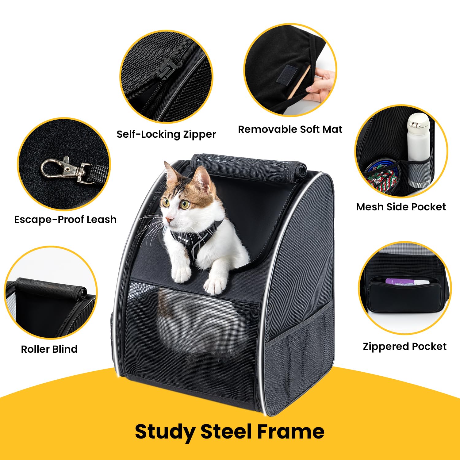 Conlun Sac à Dos Transport Chat et Sac à Dos Chien pour Petits Chiens et Chats jusqu'à 7kg, Sac à Dos pour Chien Pliable avec Fenêtres en Maille sur 3 côtés pour Voyages et randonnées,Noir