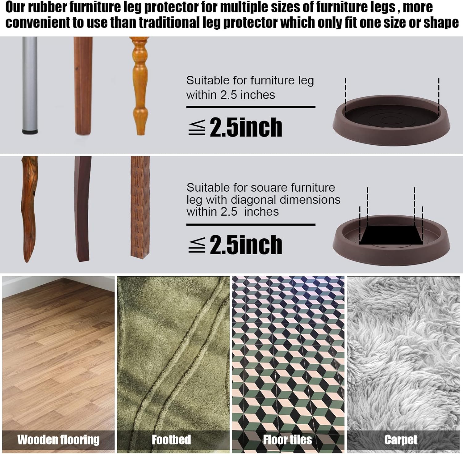 8PCS Non Slip Furniture Pads, 2.5inch/6.4cm Round Furniture Coasters Bed Stoppers Rubber Feet Silicone Chair Leg Protectors for Bed, Cabinet, Sofa, Chair, Table, Piano (Brown)