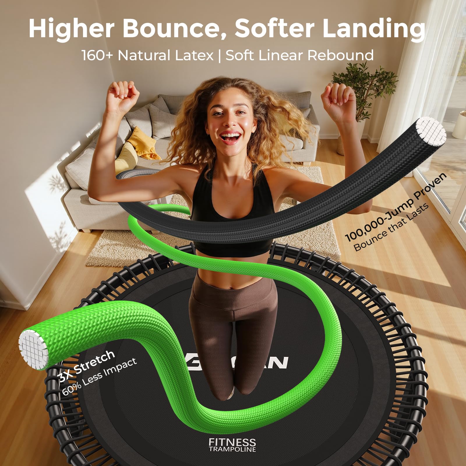 B BCAN BT4 Soft Land Pro - Trampolino elastico elastico da 96/102/122 cm, capacità 227 kg, elastico a tensione regolabile, telaio monopezzo, supporto per telefono e 2 paia di calzini