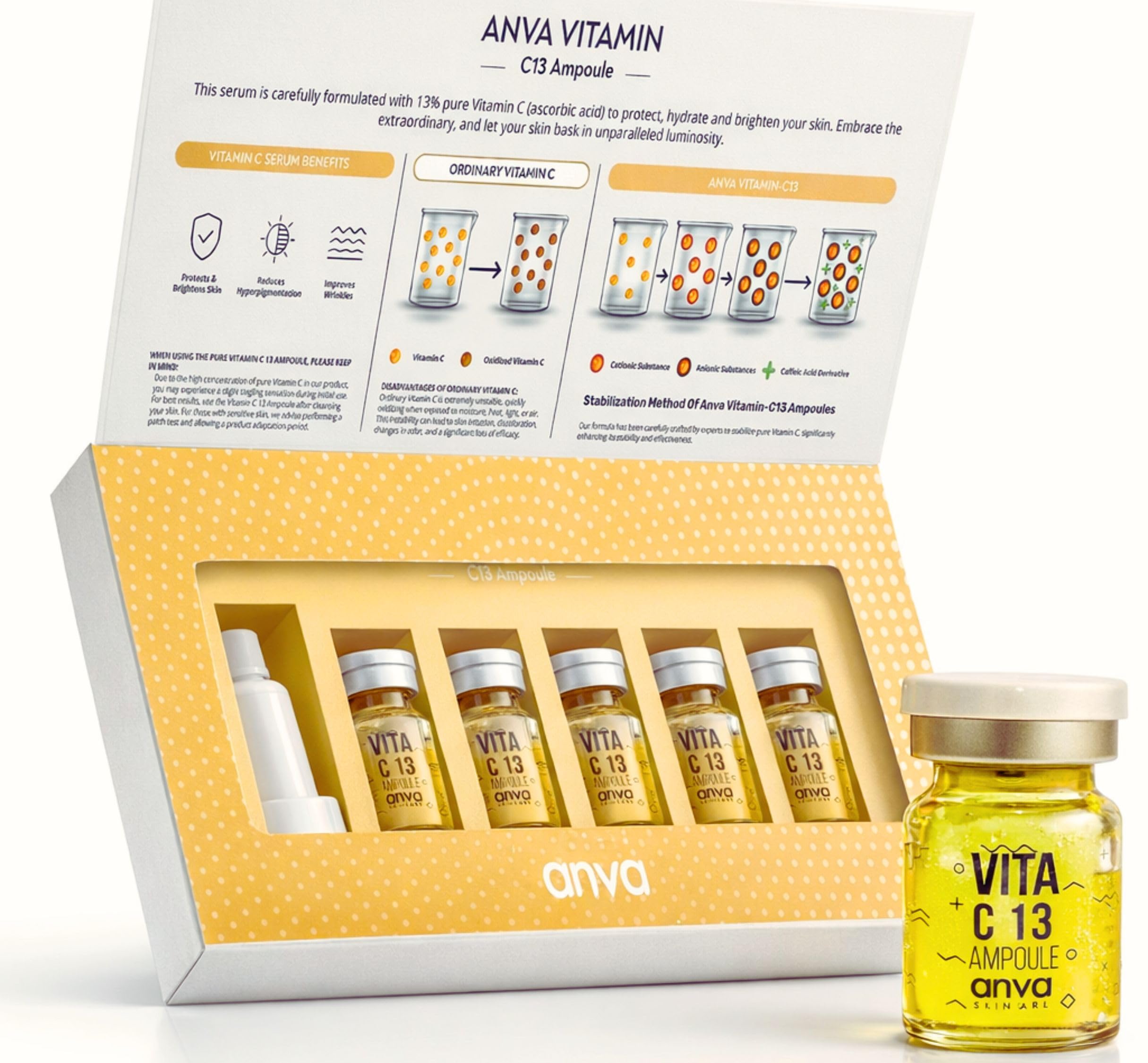 Korean Vitamin C Face Serum with Glutathione - 13% Stabilized Vitamin C Ampoule for Pigmentation and Dull Skin - Vitamin C Serum 5 x 5ml Ampules - Brightening Serum for Face