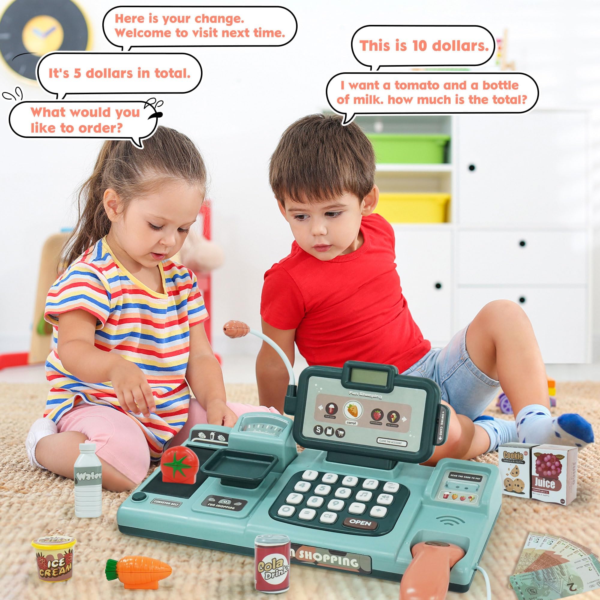 Caja Registradora Juguetes, Comida Juguetes con Calculadora Micrófono, Sonido, Comida, Calculadora, Escáner, Cesta, Tienda Supermercado Regalo para Niñas Niños 3 + Años, Verde