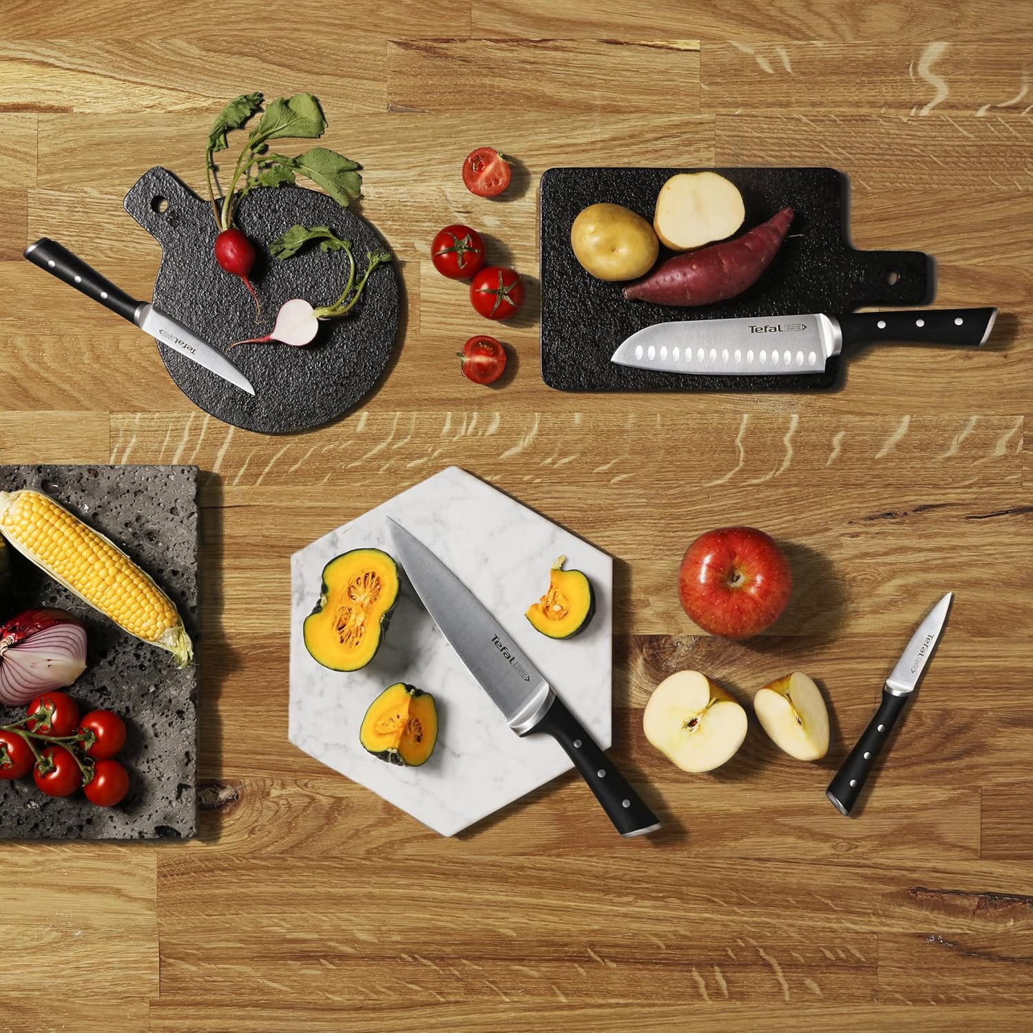 Tefal Ice Force – Bloque de 5 cuchillos: Pan 20 cm, Chef 20cm, Santoku 18 cm, Universal 11cm, Pelar 9cm | Acero Inoxidable Alemán, Tecnología Ice Force -120°C, Corte Preciso, Resistente a la Corrosión