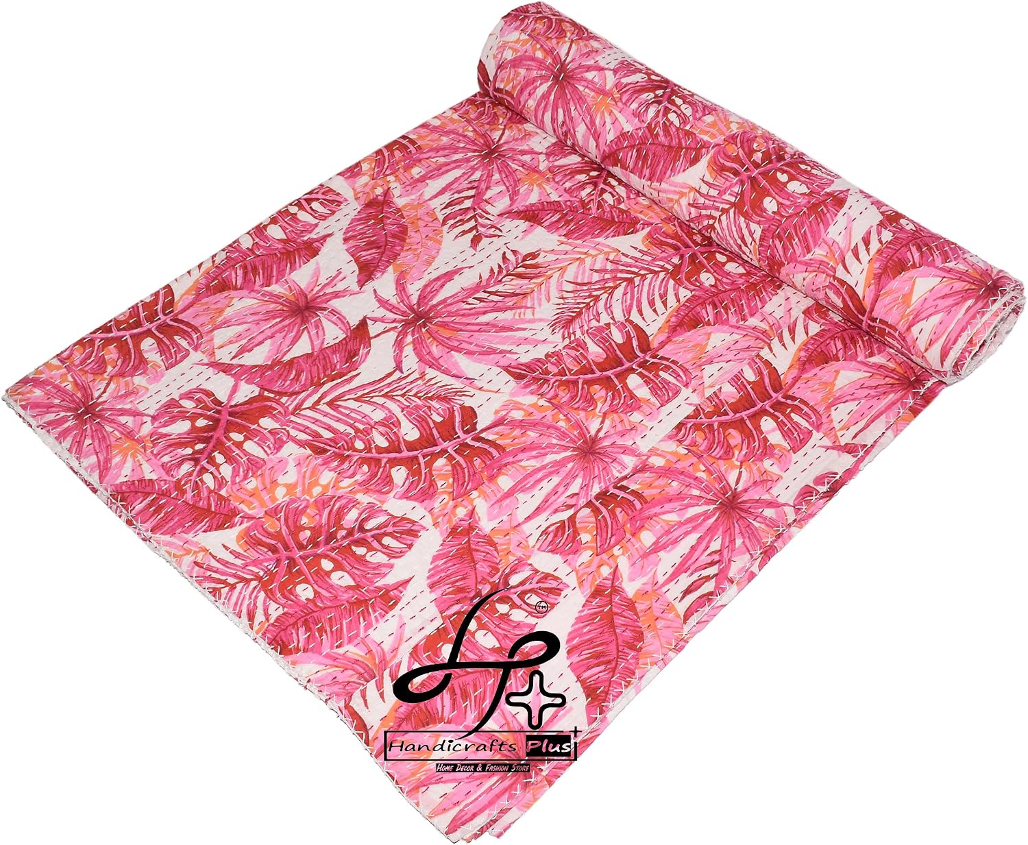 Queen Size Kantha Quilt New Indian Cotton Beautiful Pink Color Bedding Bedspread Handmade Coverlet Floral Print Bedspread 90x108''