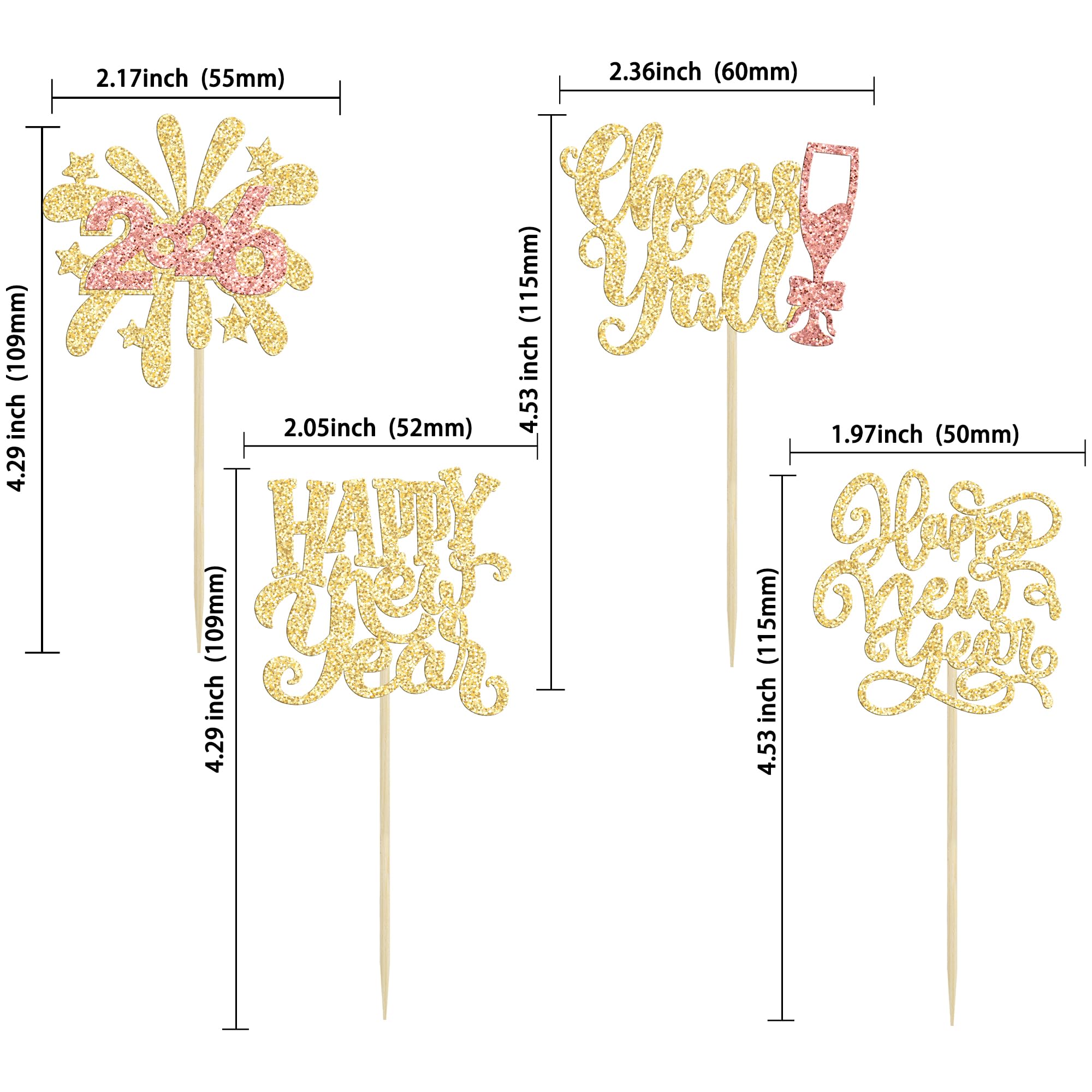 Ephlyn 24Pcs 2026 Happy New Year Cupcake Toppers Glitter Fireworks Clock Hello 2026 Cupcake Picks for Cheers to 2026 Happy New Year Theme Holiday Party Cake Decorations Supplies Gold - Image 2