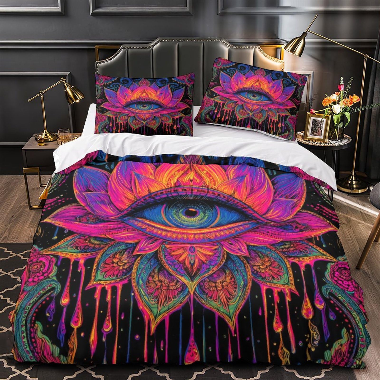 Psychedelic Eye Quilt Cover 3D Print Premium 3 Pieces Bed Set Hidden Zipper vibrant Mandala Duvet Cover Extra Soft Wrinkle-Resistant for Adults Kids Teens Women Youth Teenagers Single（135x200cm）